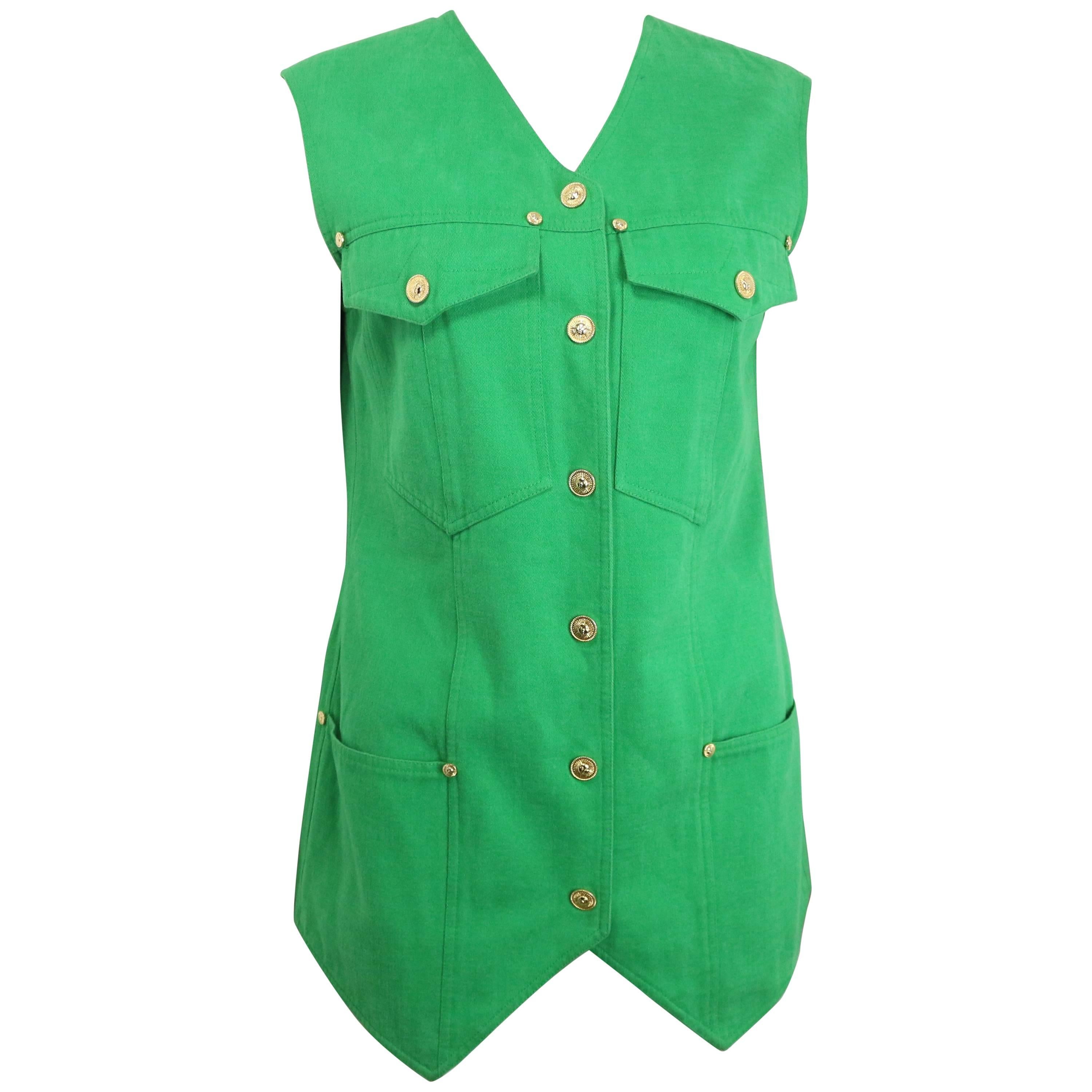 Gianni Versace Jeans Couture Green Cotton Collarless Vest