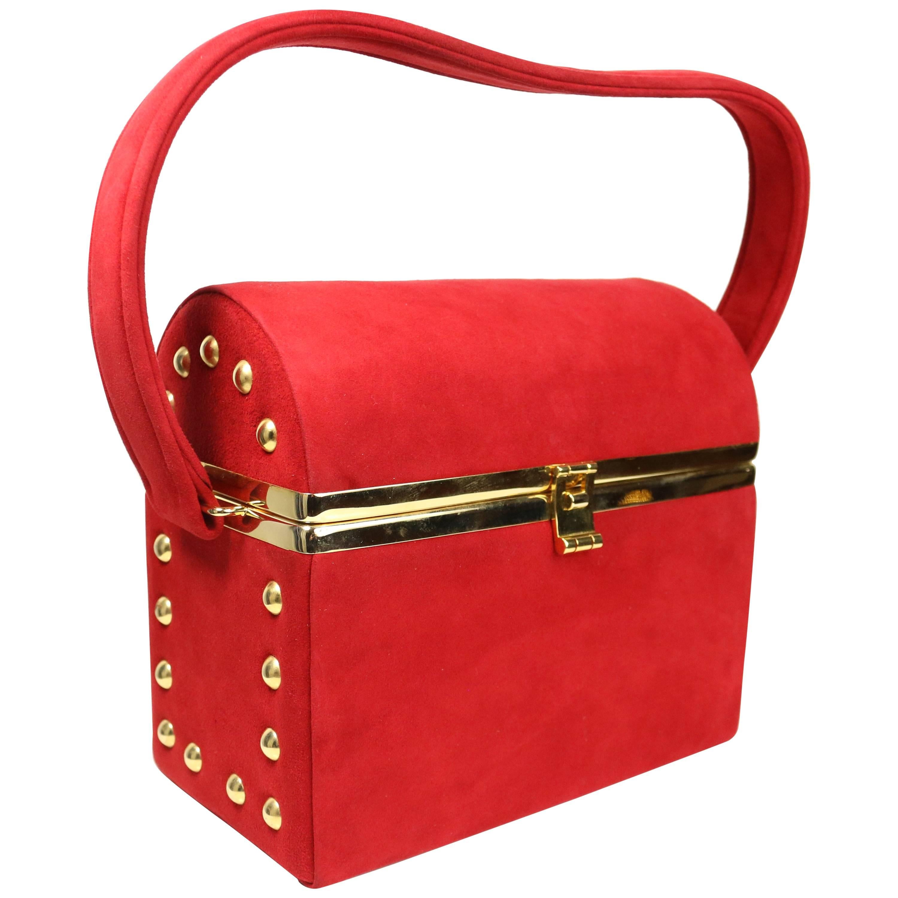 Vintage 80s Bruno Magli Red Suede with Gold Studs Vanity Handbag  For Sale