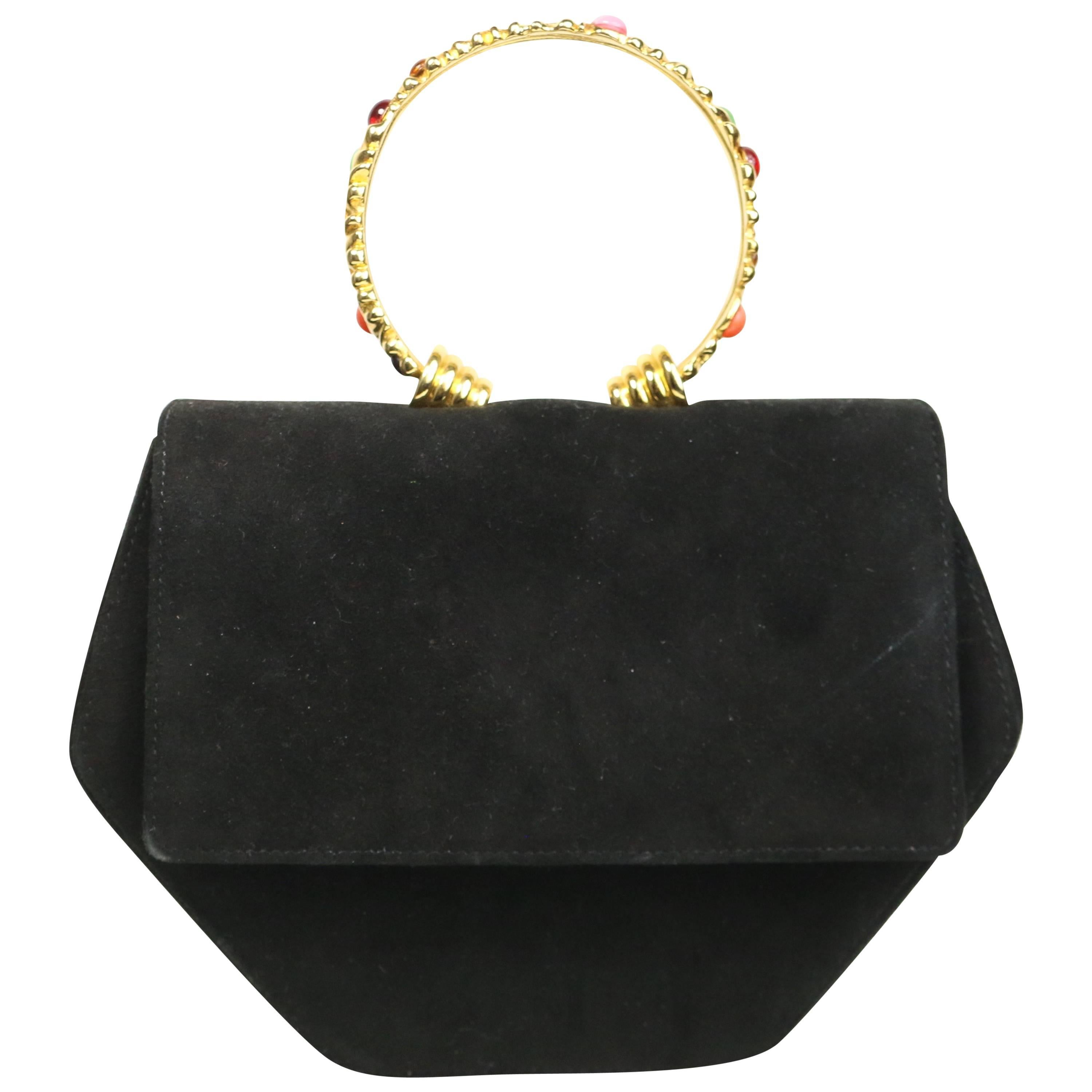 Rodo Black Suede Gold Toned Handle with Colour Stones Octagon Shoulder Bag 