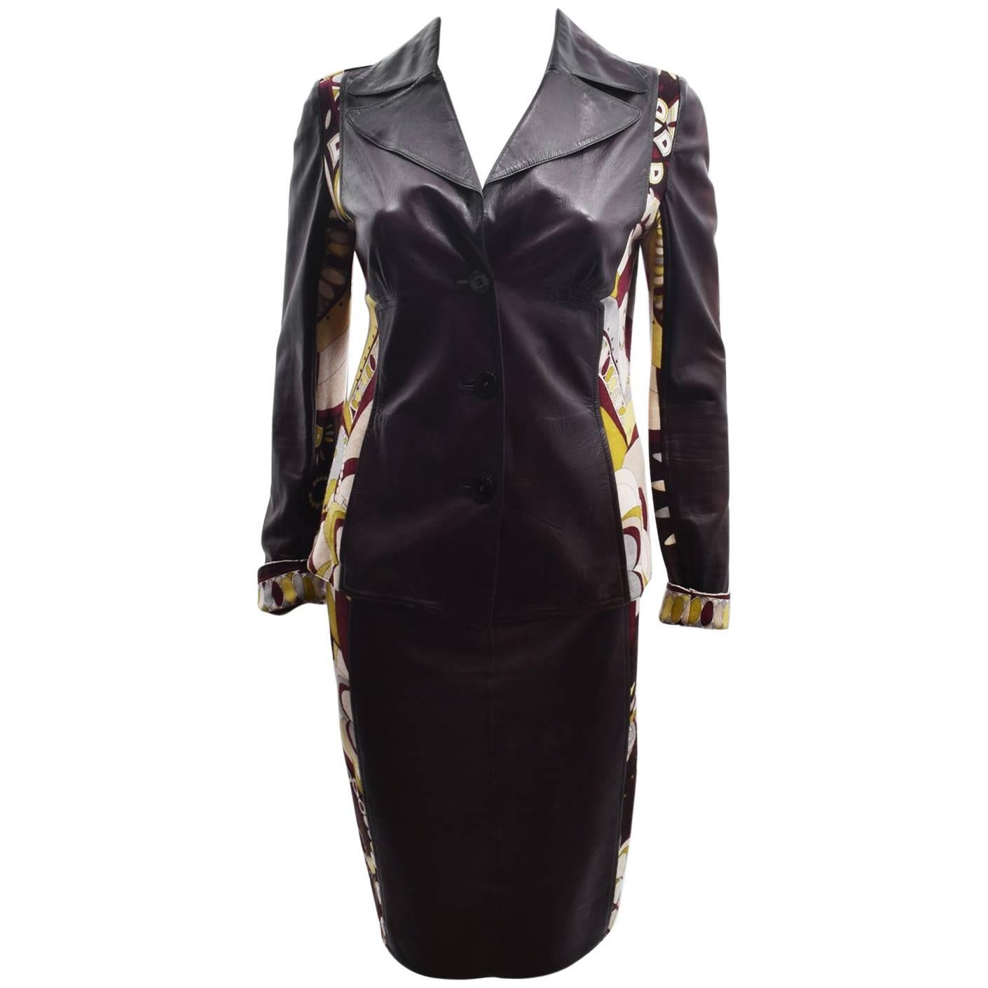 Emilio Pucci Brown Leather and Wool  Pucci Print Jacket and Skirt Suit For Sale