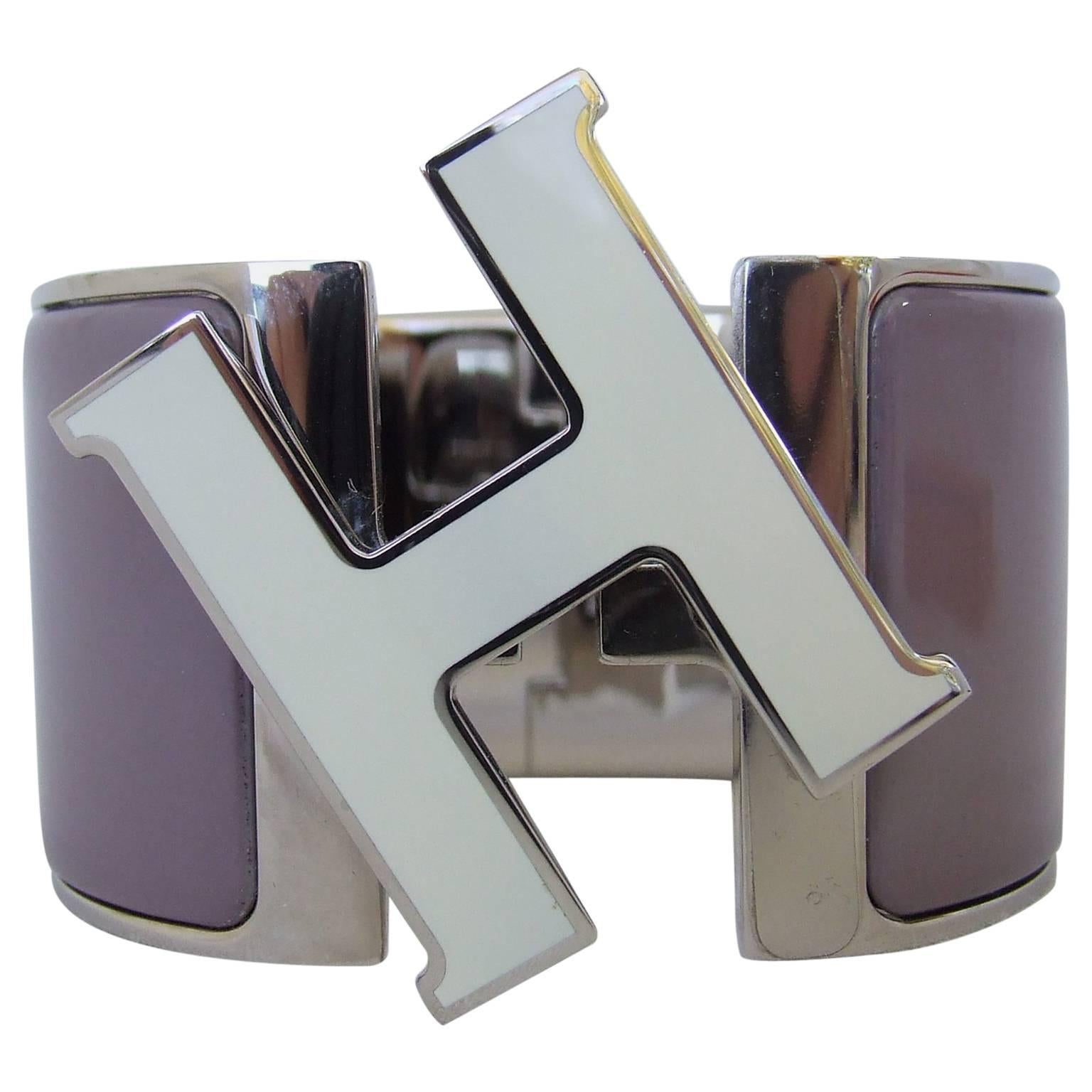 Hermes Clic Clac H Bracelet Cuff Purple Enamel White Enamelled H Extra Wide PM