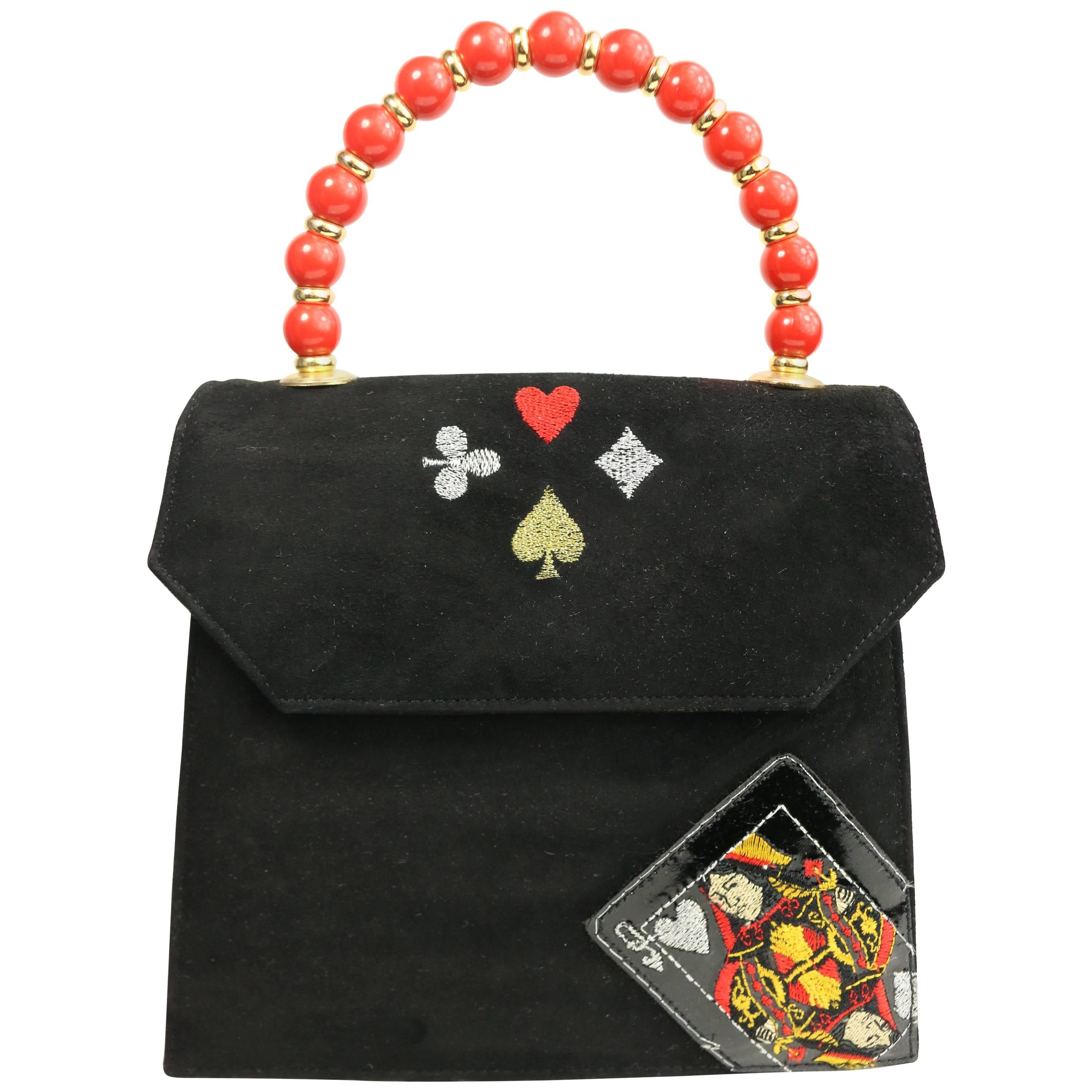 Beverly Feldman Black Suede/Patent with Red Handle Handbag