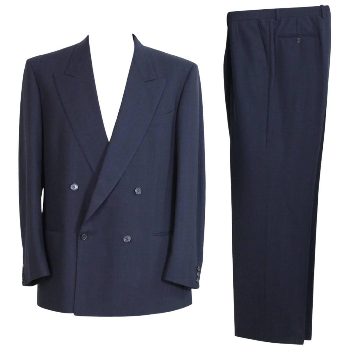 Valentino Double Breasted Complete Pinstripe Blue Wool Italian Pant Suit, 1990s For Sale