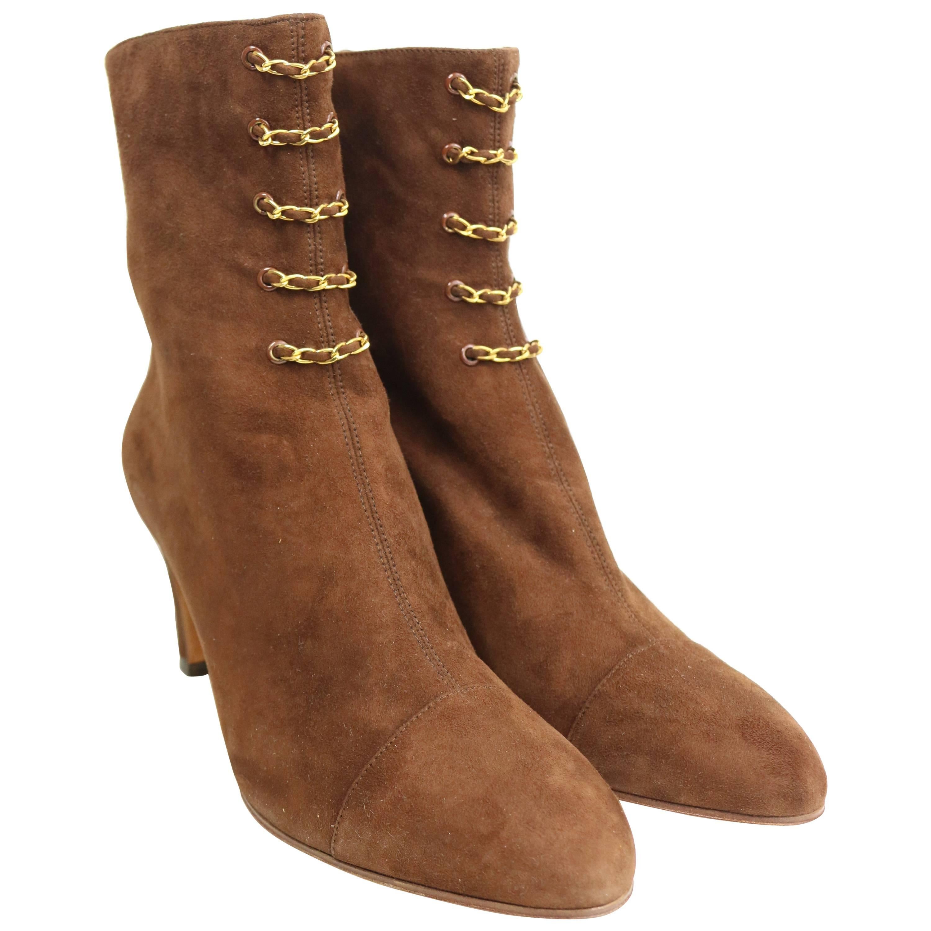 Chanel Brown Suede Gold Chain Panel Ankle Boots