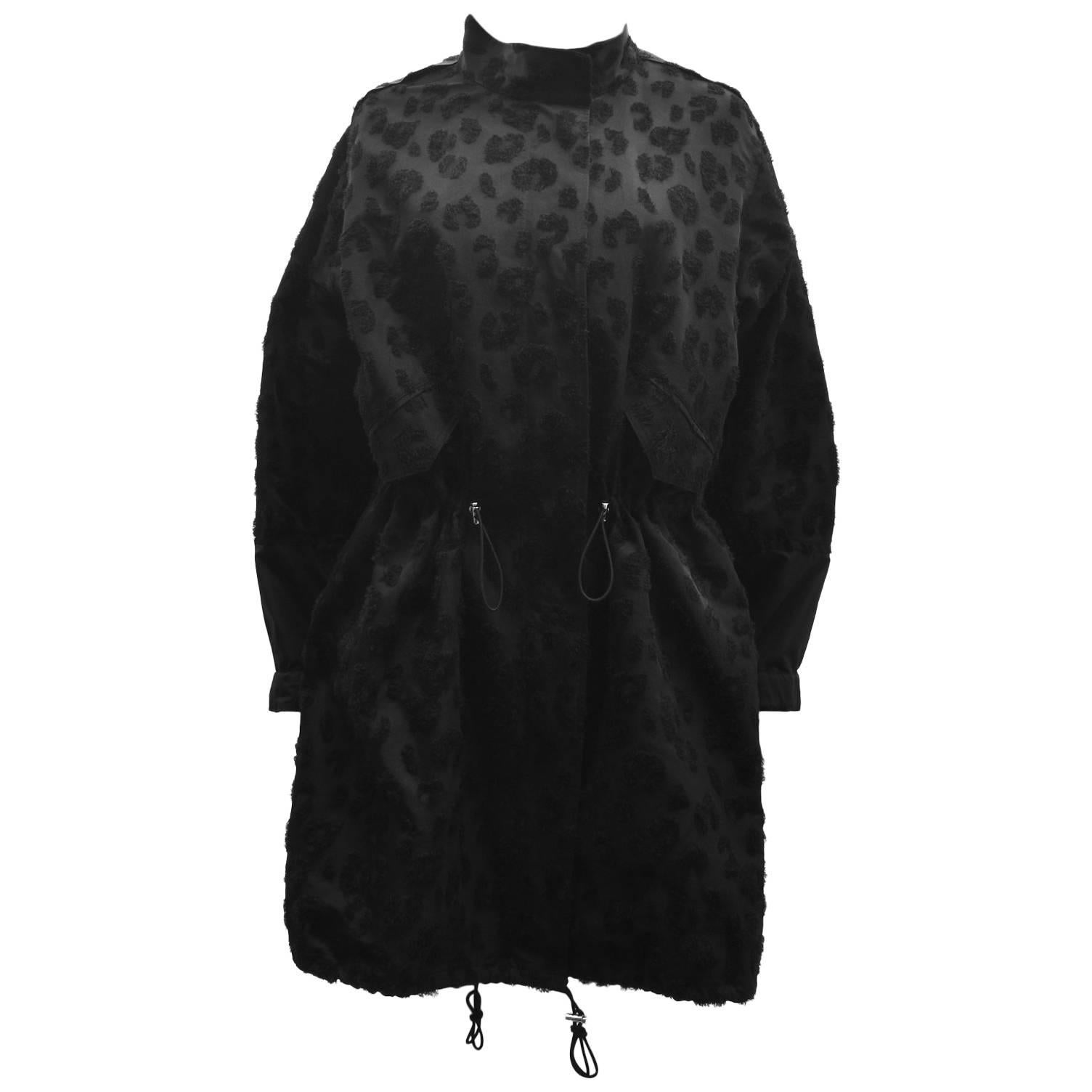 Phillip Lim Black Double Layer Parka Coat with Allover Textured Leopard Print  For Sale