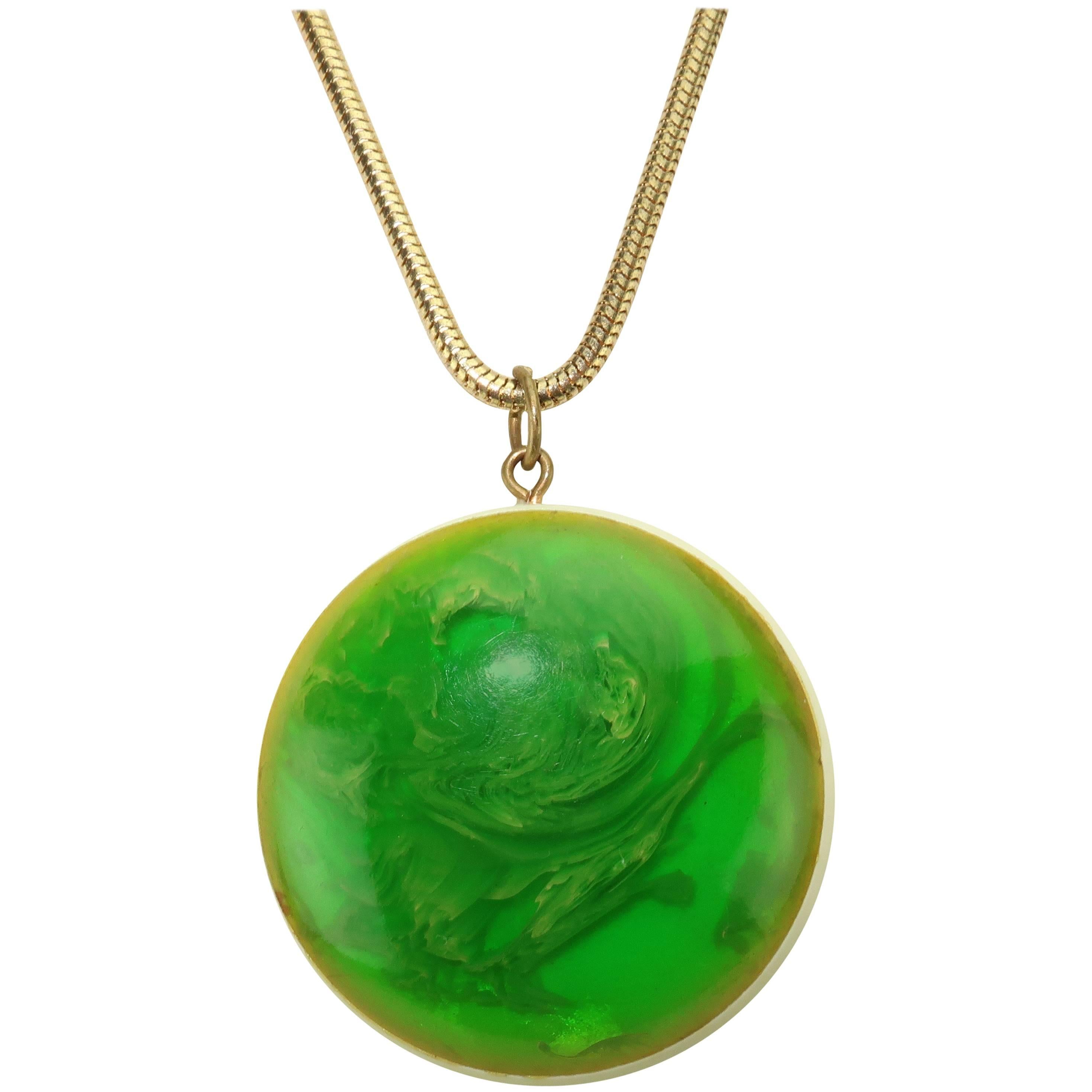 Mod Green Marbled Acrylic Pendant Necklace, circa 1970 