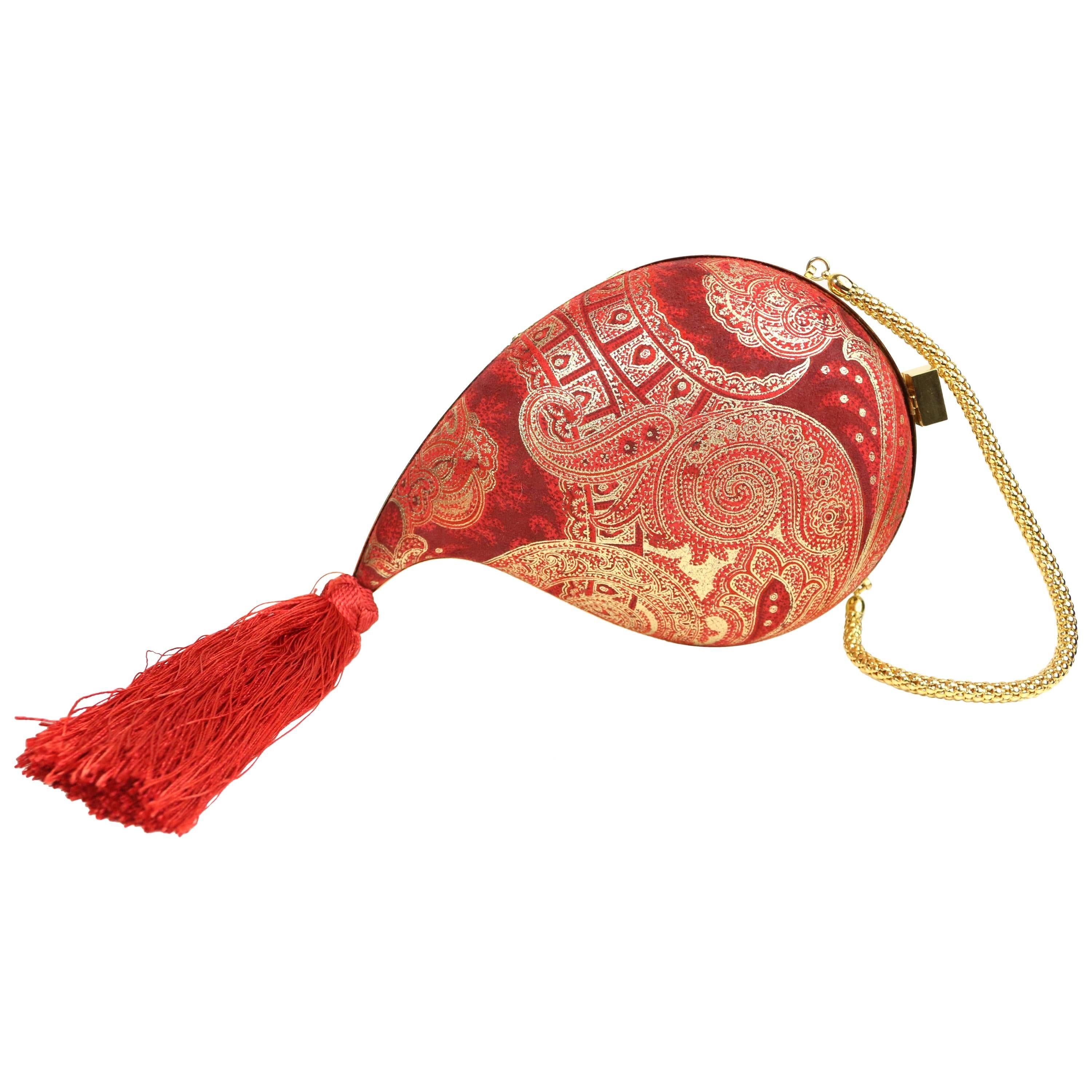 Philip Treacy Red and Gold Pattern Print with Tassel Clutches Handbag 