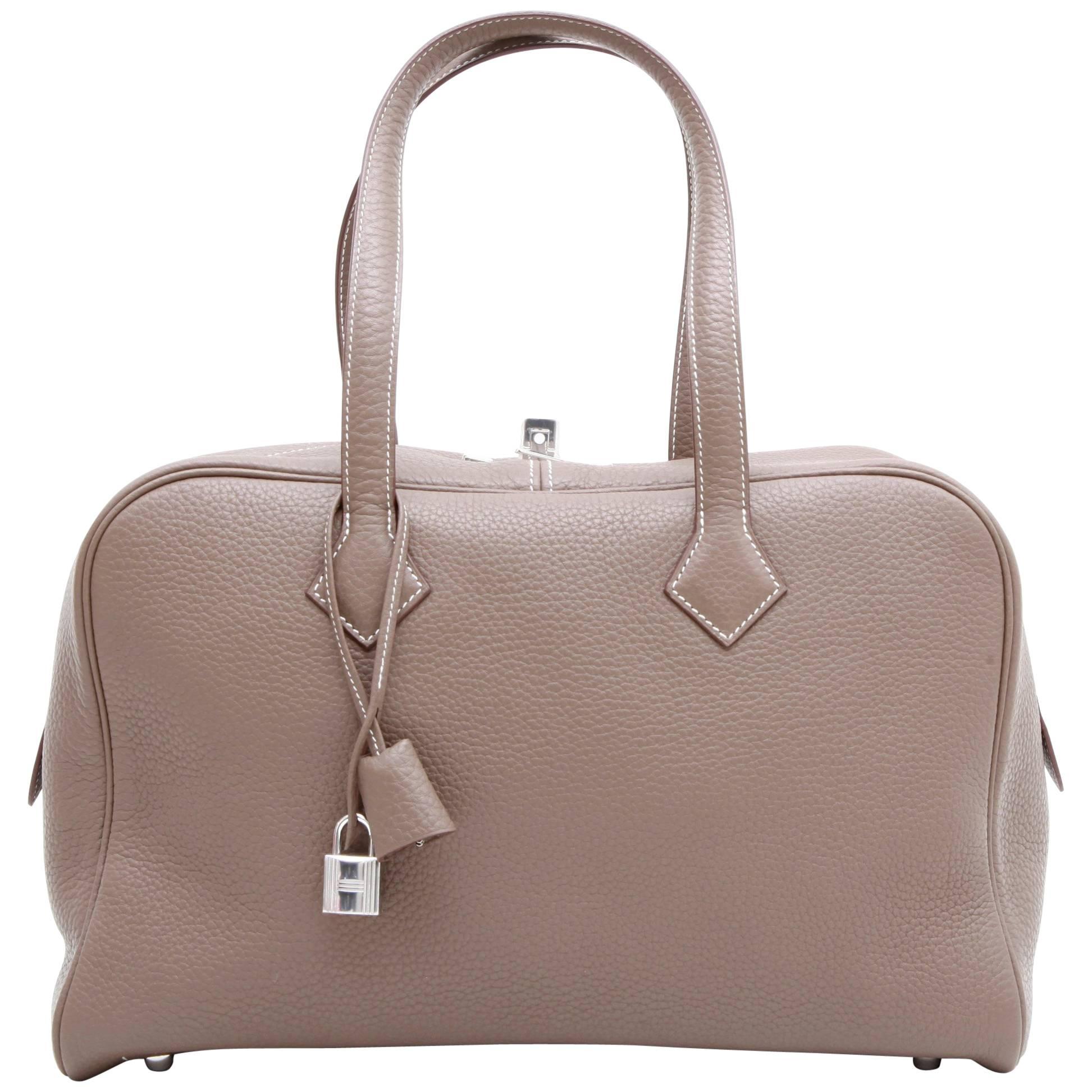 Hermes Victoria Bag in Etoupe Clémence Taurillon Leather and Saddle Stitching