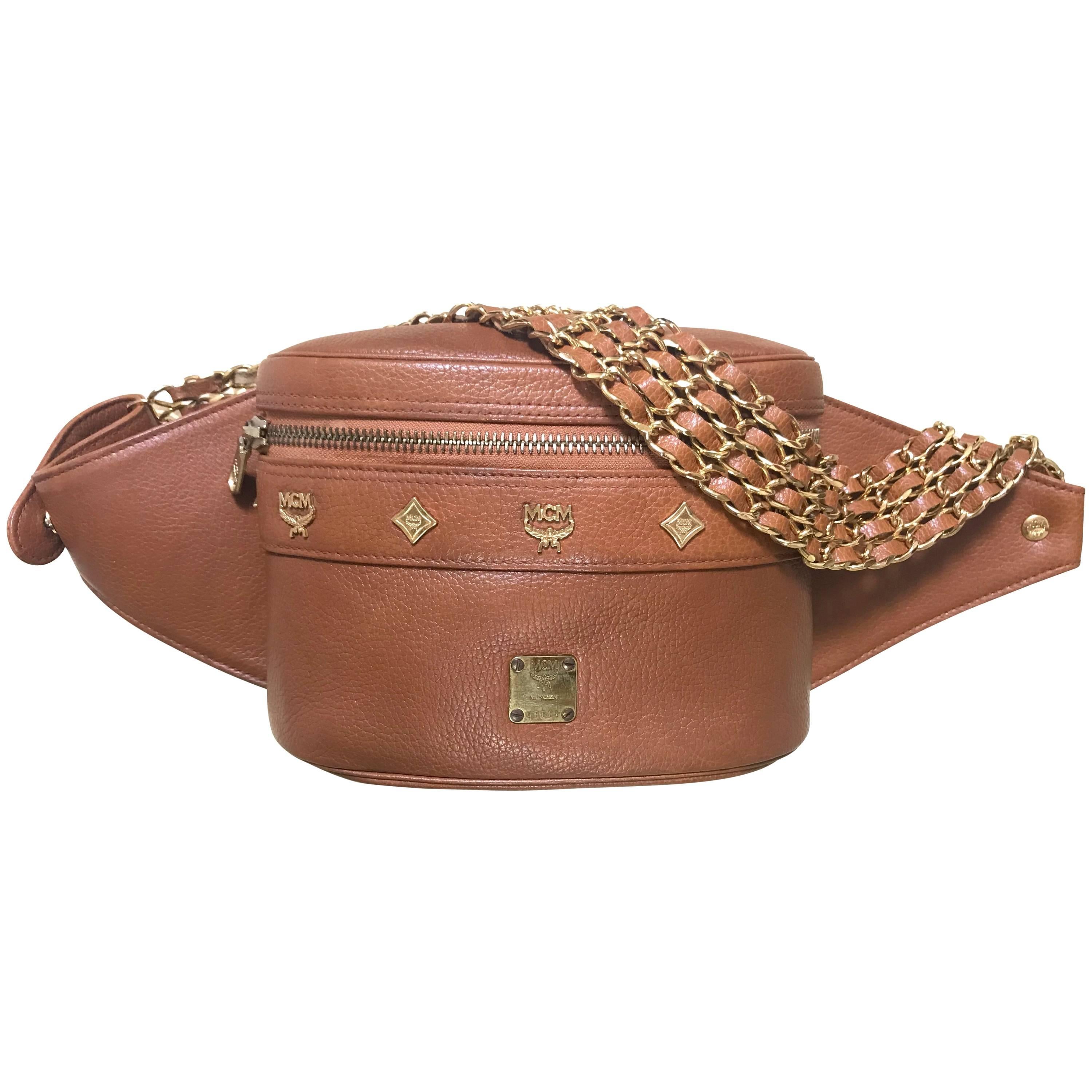 Vintage MCM brown fanny pack with multiple layer golden chain belt. Unisex purse