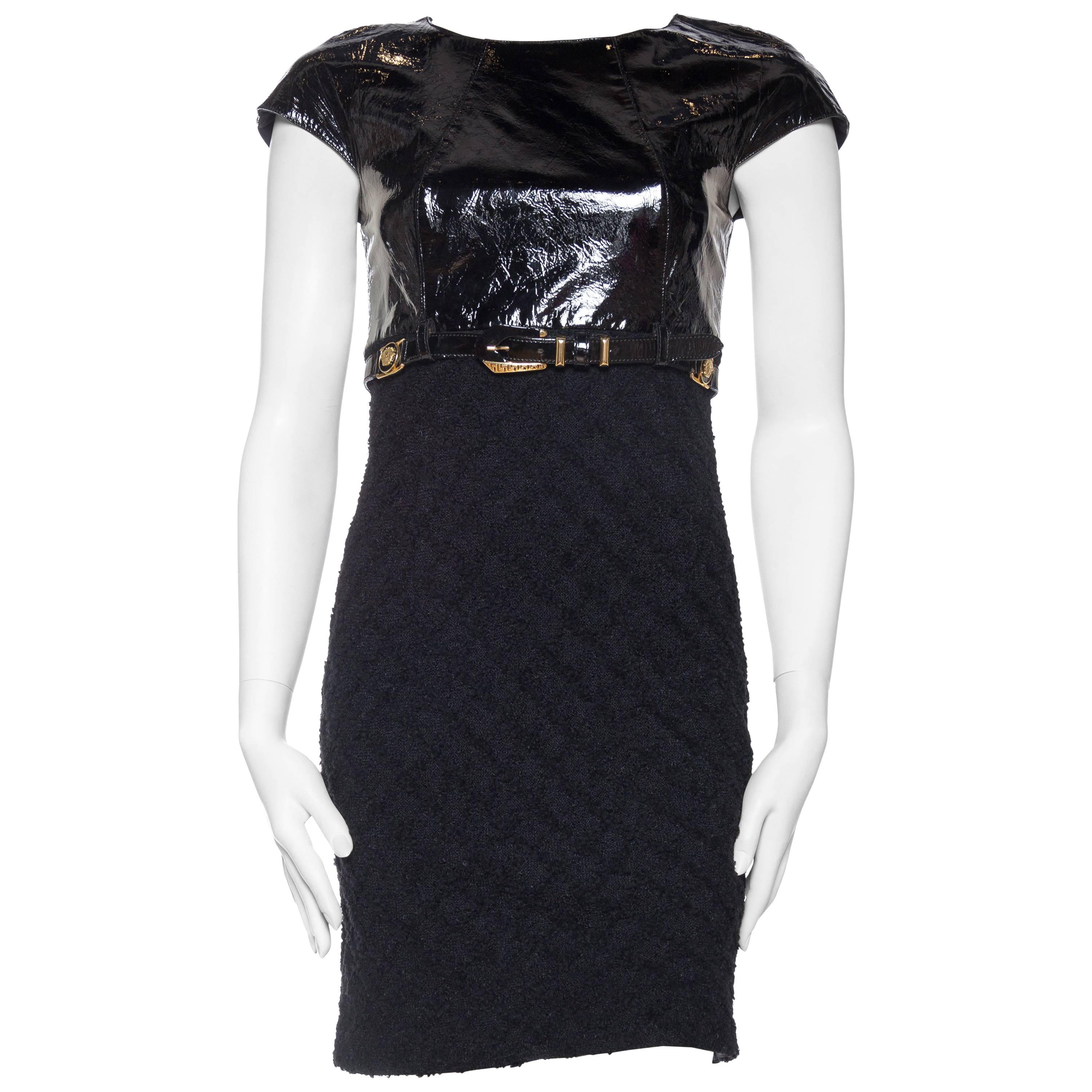 1990S GIANNI VERSACE Black Wool Boucle & Patent Leather Bias Cut Dress 1992 Bon For Sale