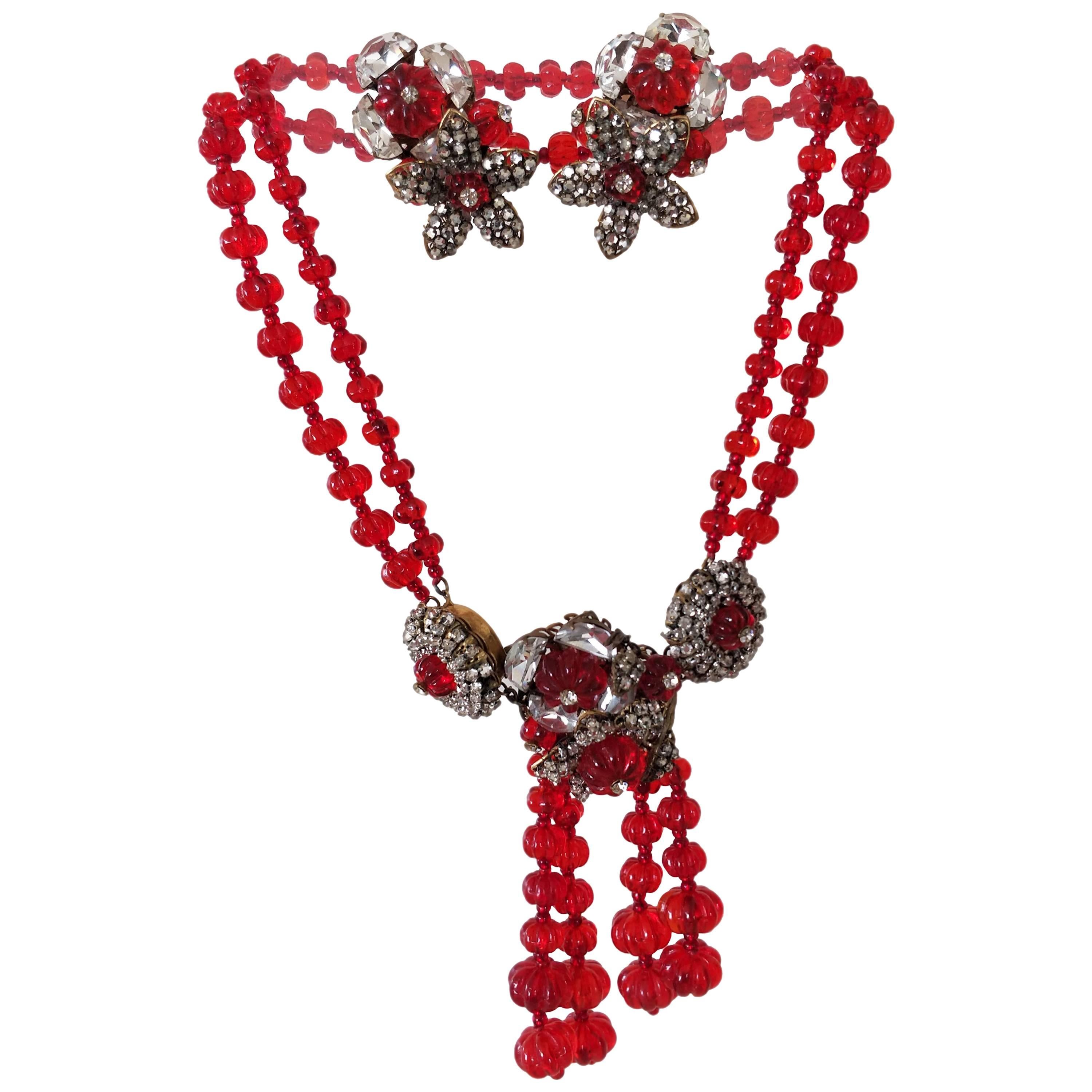 1940s Miriam Haskell Ruby Red Glass Bead, Rhinestone Necklace and Earring Set