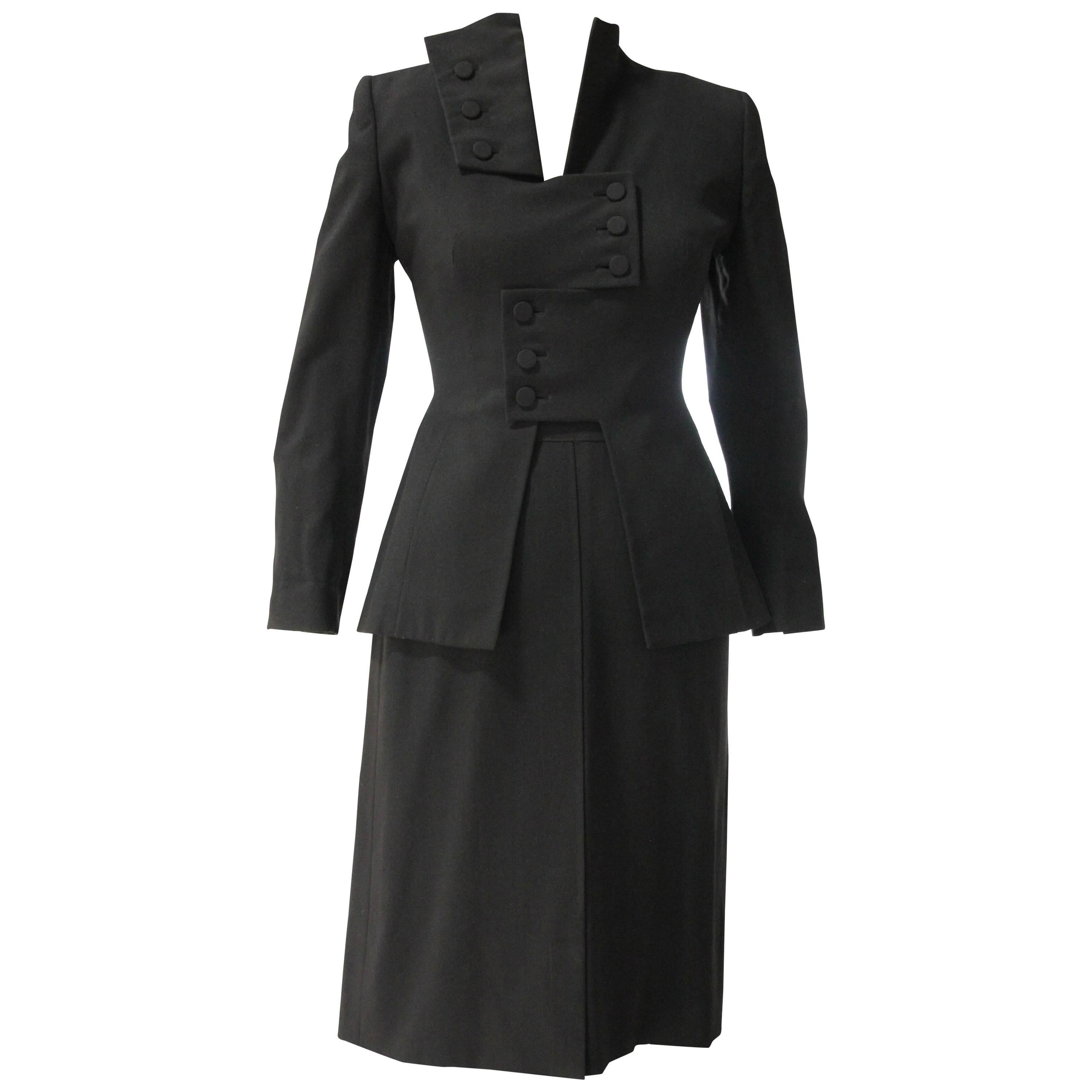 1940s Irene Black Wool Skirt Suit with Avant Garde Overlapping Closure For Sale