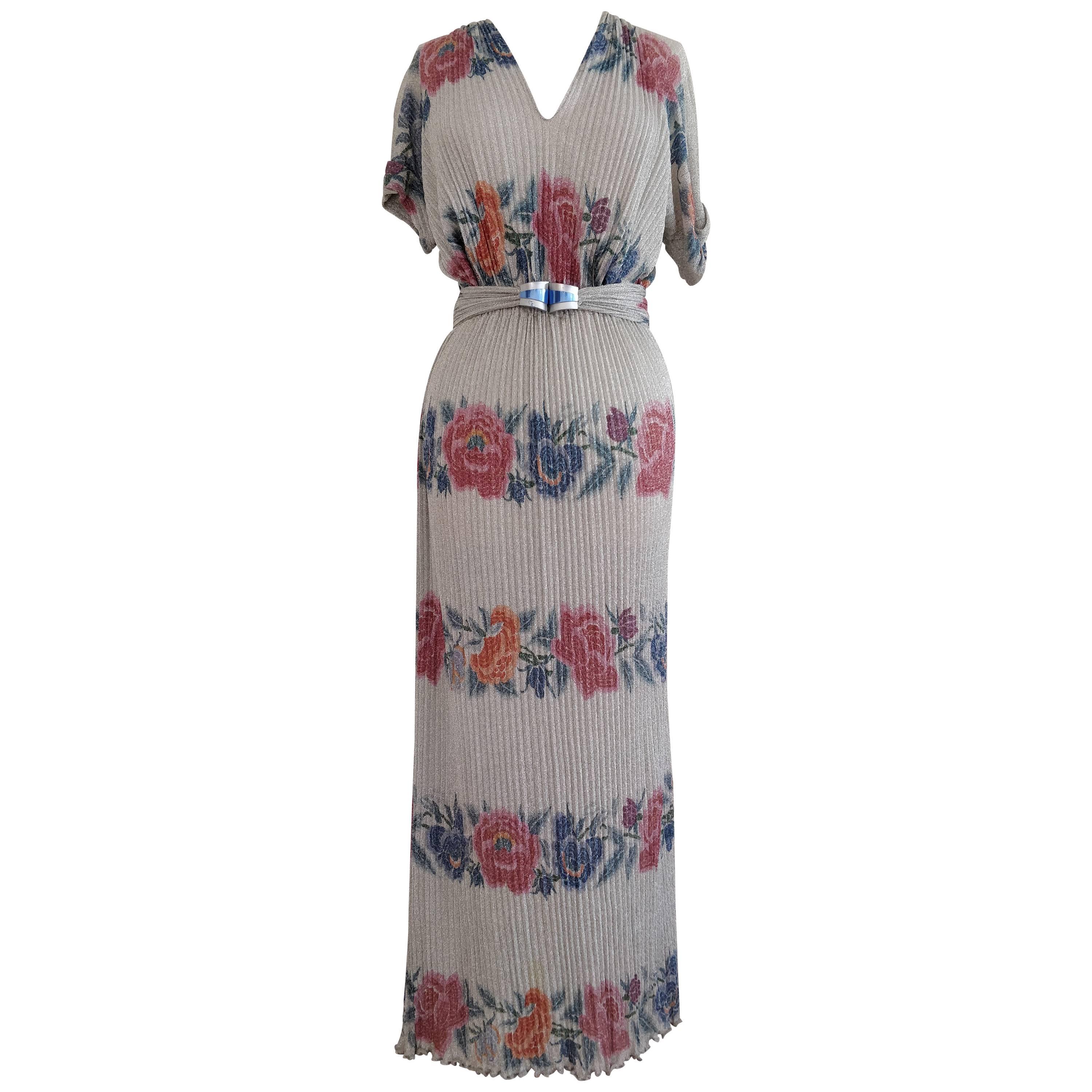 1970s Missoni Silver Lame and Floral Banded Rib-Knit Maxi Dress For Sale