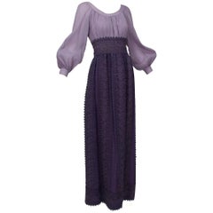 Medieval Purple Bishop Sleeve Crochet Maxi Dress, 1970s