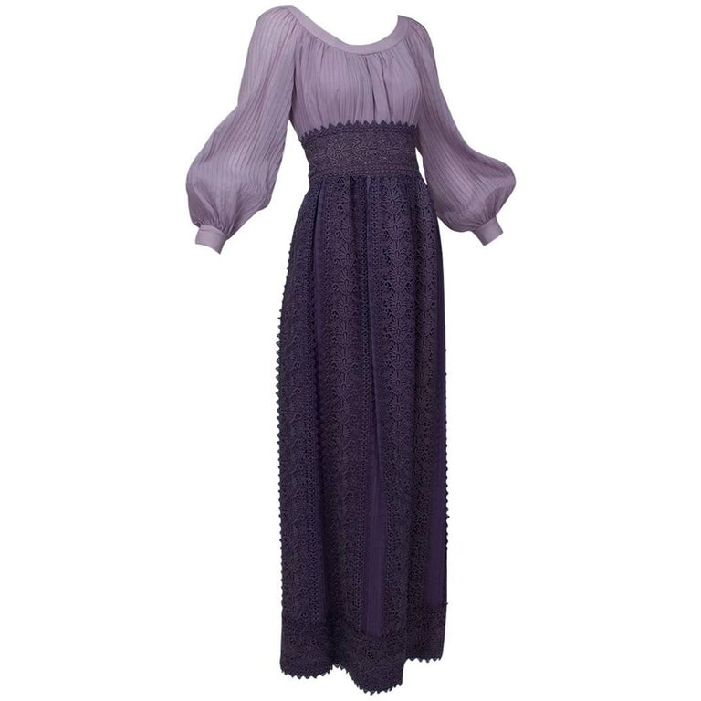 Medieval Purple Bishop Sleeve Crochet Maxi Dress, 1970s For Sale at 1stdibs