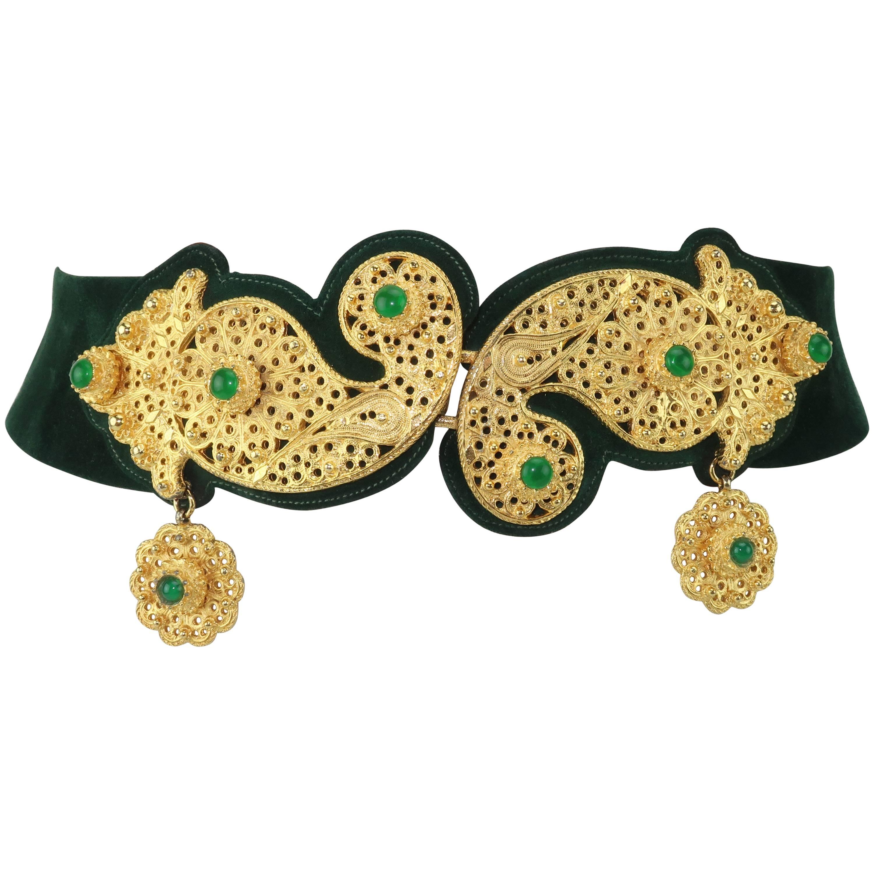 1970's Judith Leiber Gold Filigree Mughal Style Emerald Green Belt