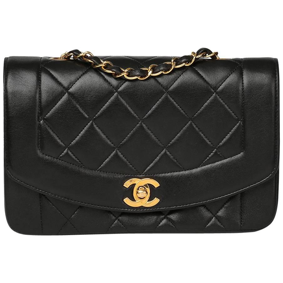 1990s Chanel Black Quilted Lambskin Vintage Small Diana Classic Single Flap Bag