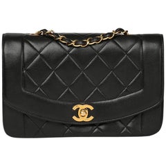 1990s Chanel Black Quilted Lambskin Retro Small Diana Classic Single Flap Bag