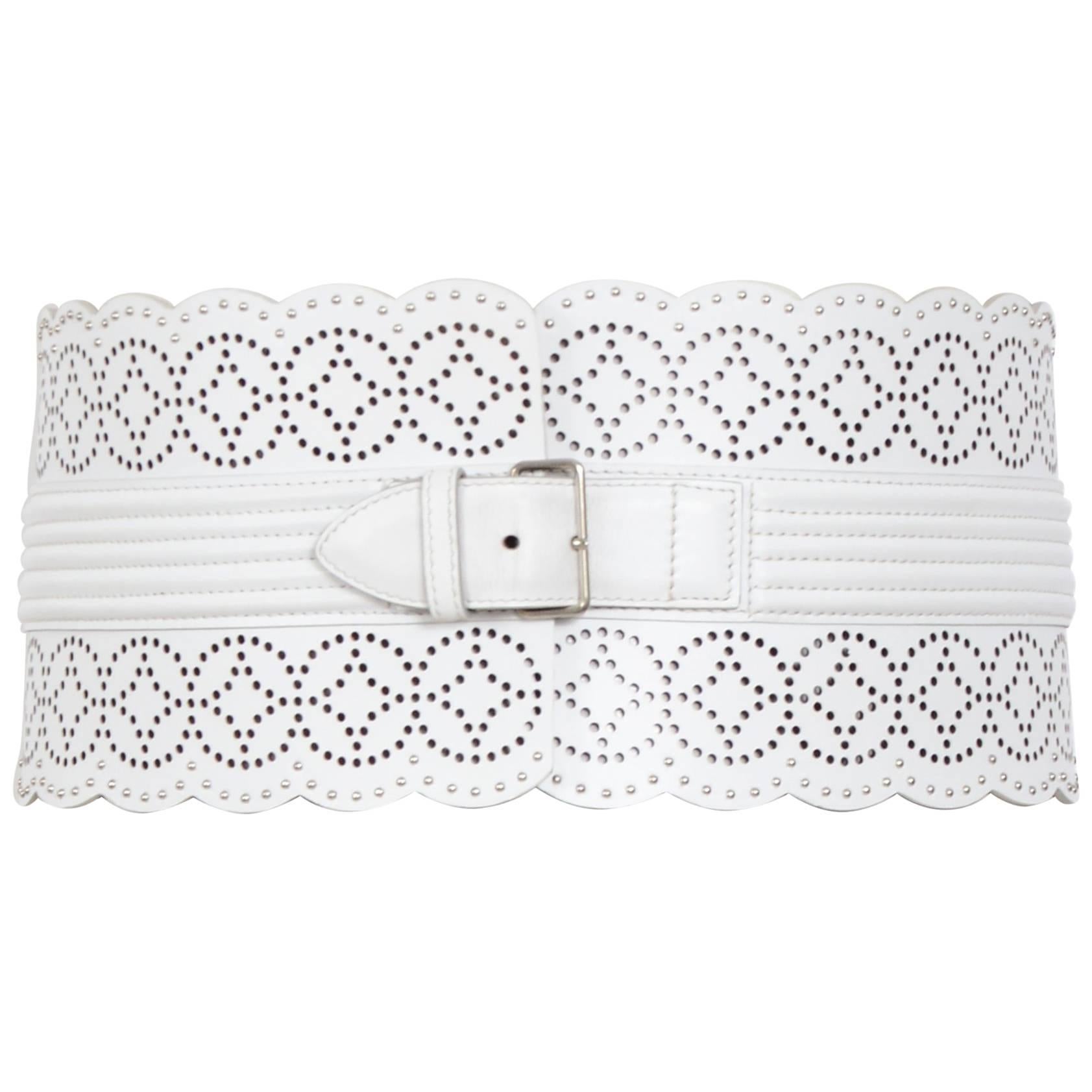 Alaia Vintage White Laser Cut Detailing Leather And Small Metal Studs Belt