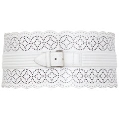 Alaia Vintage White Laser Cut Detailing Leather And Small Metal Studs Belt