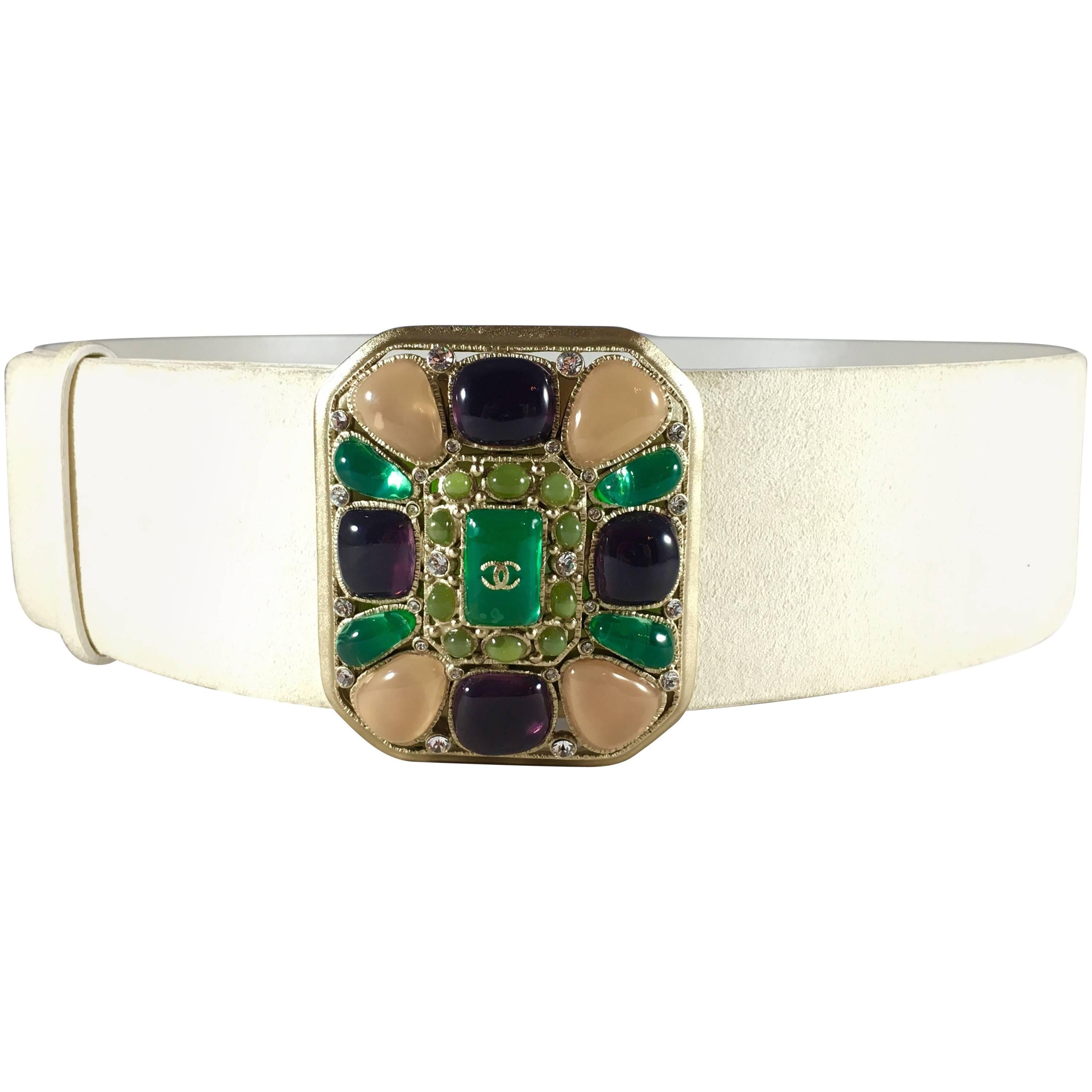 Chanel White Suede Belt With Purple Peach and Green Gripoix Jewel Buckle, Sz 38