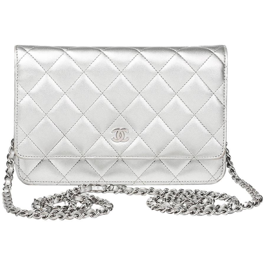 CHANEL Hammered Metallic Calfskin Quilted Wallet On Chain WOC Silver 939525