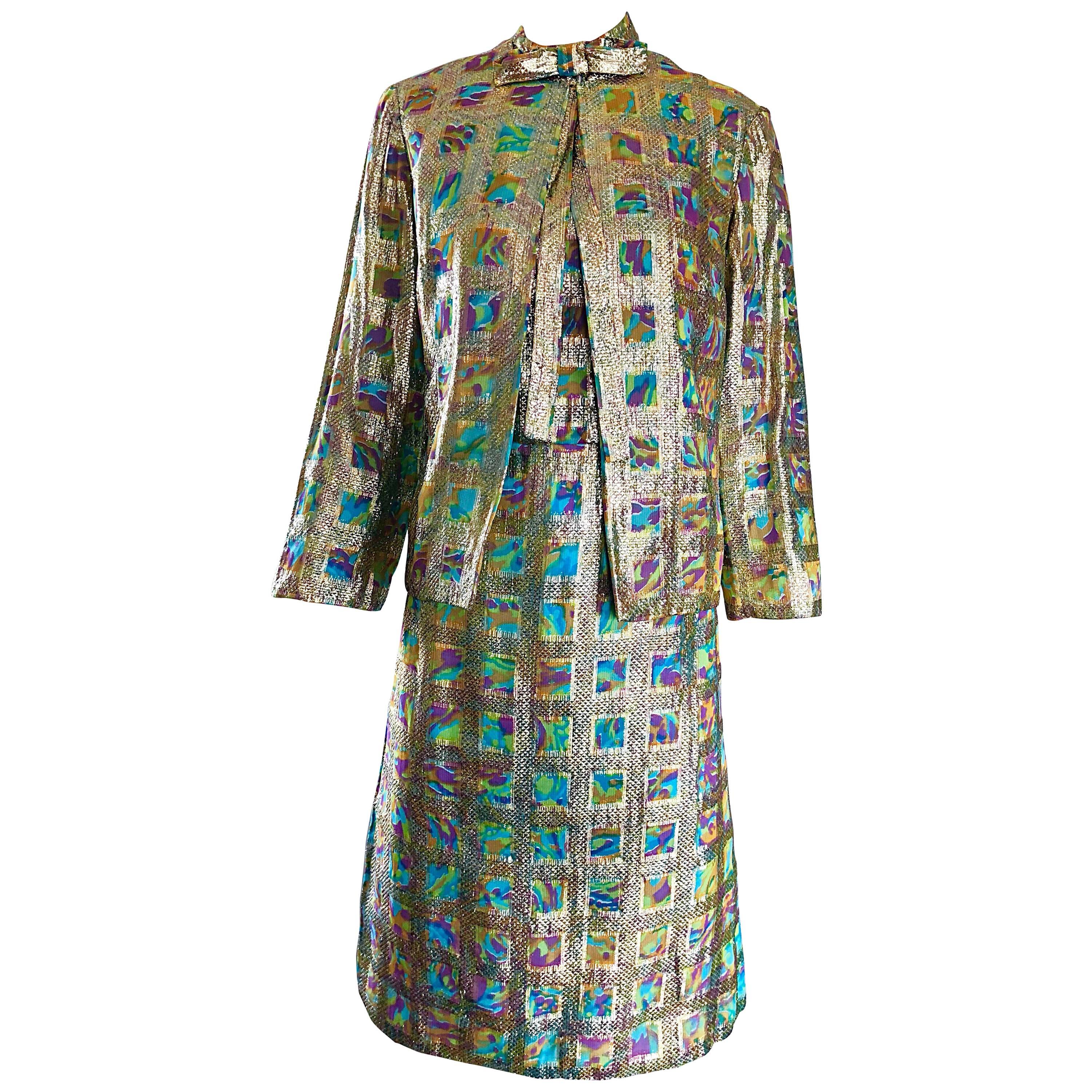 1960s Mardi Gras Gold Silk Lame Colorful Shift Dress and Jacket, Vintage 60s Set For Sale