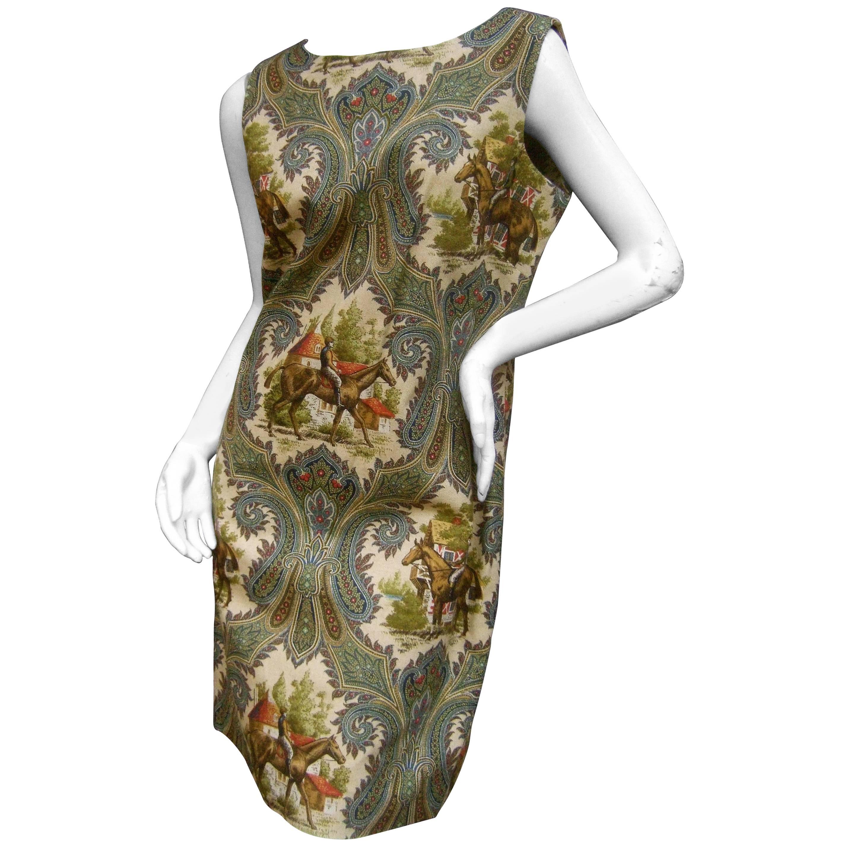 Equestrian Theme Cotton Print Sheath Dress US Size 10