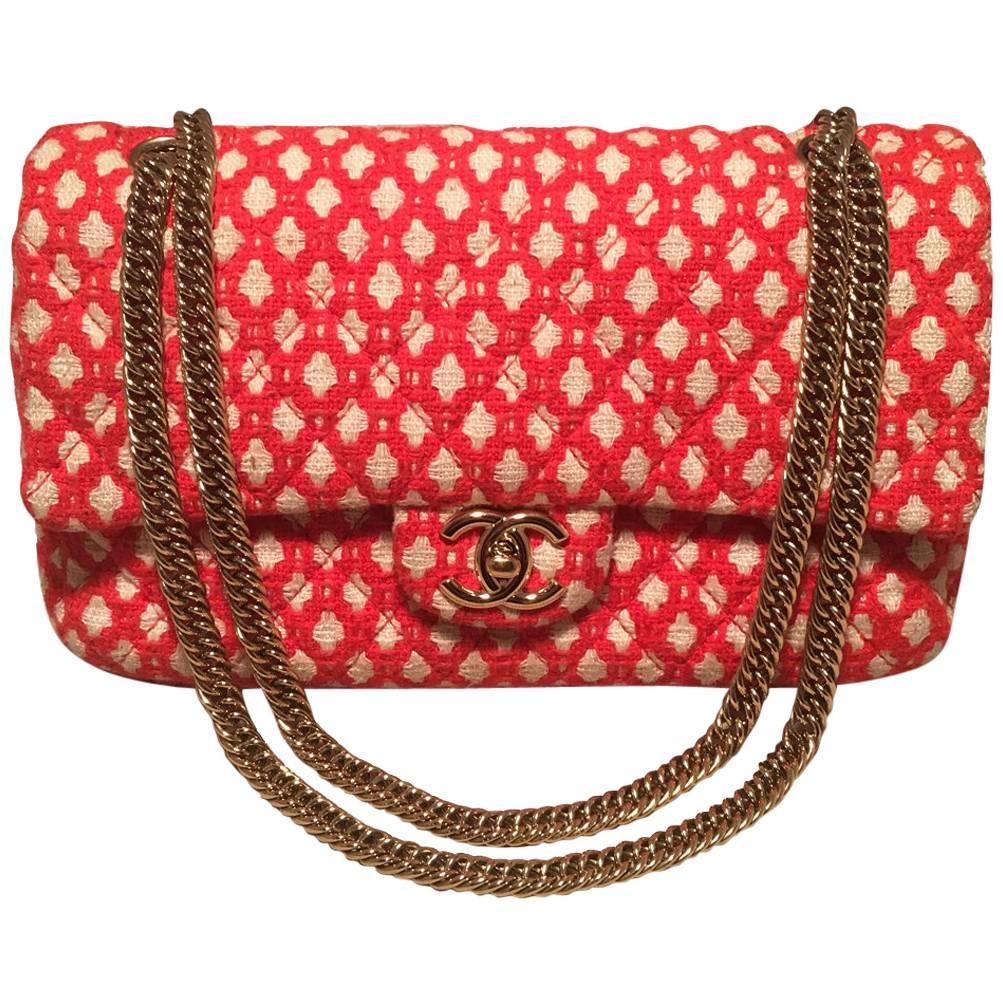 Chanel Red and White Printed Tweed 2.55 Double Flap Classic Shoulder Bag
