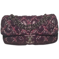 Chanel Plum Purple Quilted Puffy Nylon Classic Flap Shoulder Bag