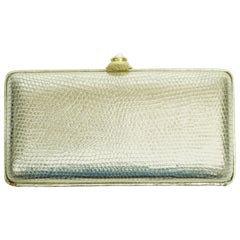 Oscar De La Renta Lizard Embossed Gold Leather Box Clutch with Pearl Closure