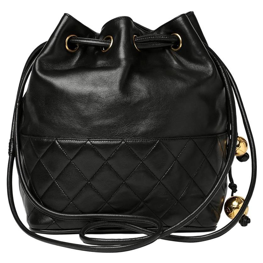 1991 Chanel Black Quilted Lambskin Vintage Bucket Bag
