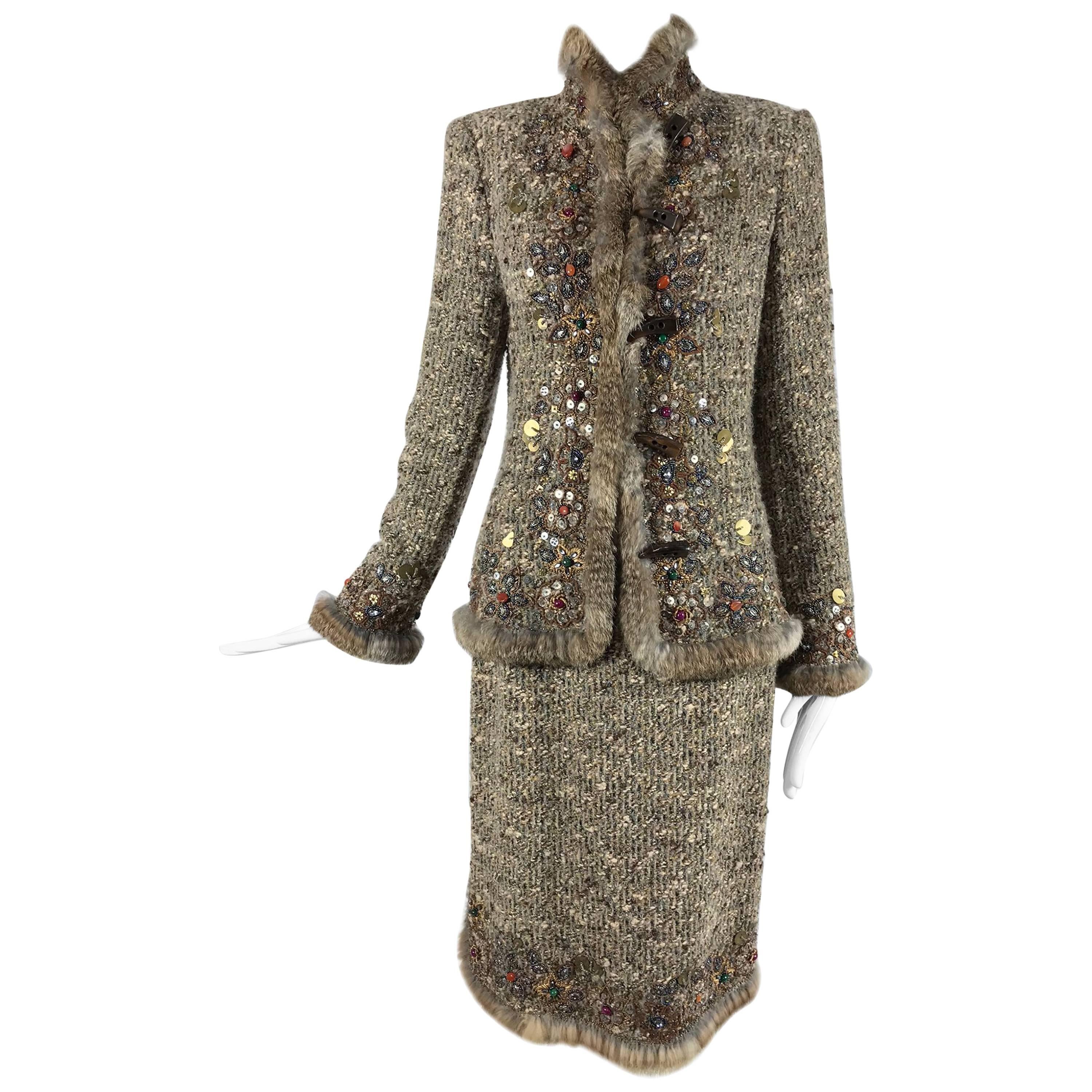 Oscar de la Renta jewel and fur trim soft tweed knit skirt set 