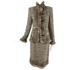 Vintage Oscar de la Renta jewel and fur trim soft tweed knit skirt set 