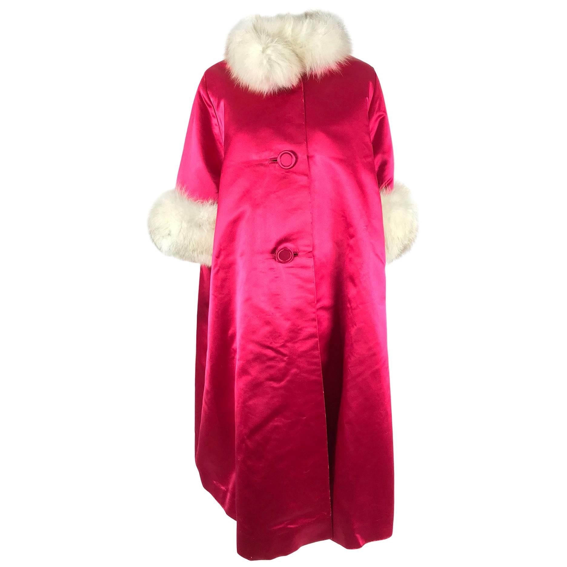 Candy Apple Red Silk Slipper Satin Fox Fur Trimmed Evening Coat 1960s