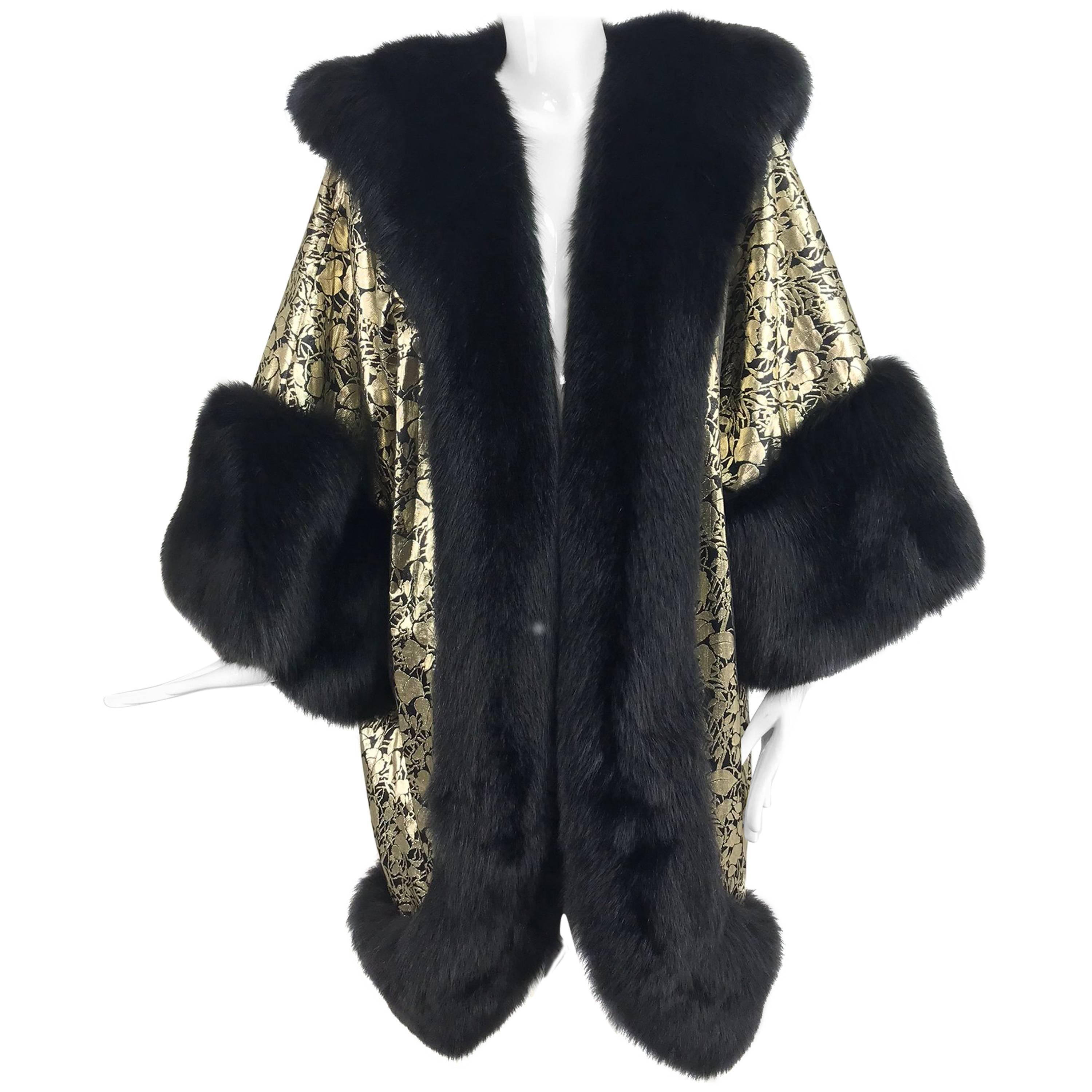 Amen Wardy Gold Metallic brocade and black fox fur trim cocoon coat 1980s