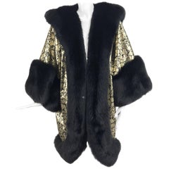 Vintage Amen Wardy Gold Metallic brocade and black fox fur trim cocoon coat 1980s