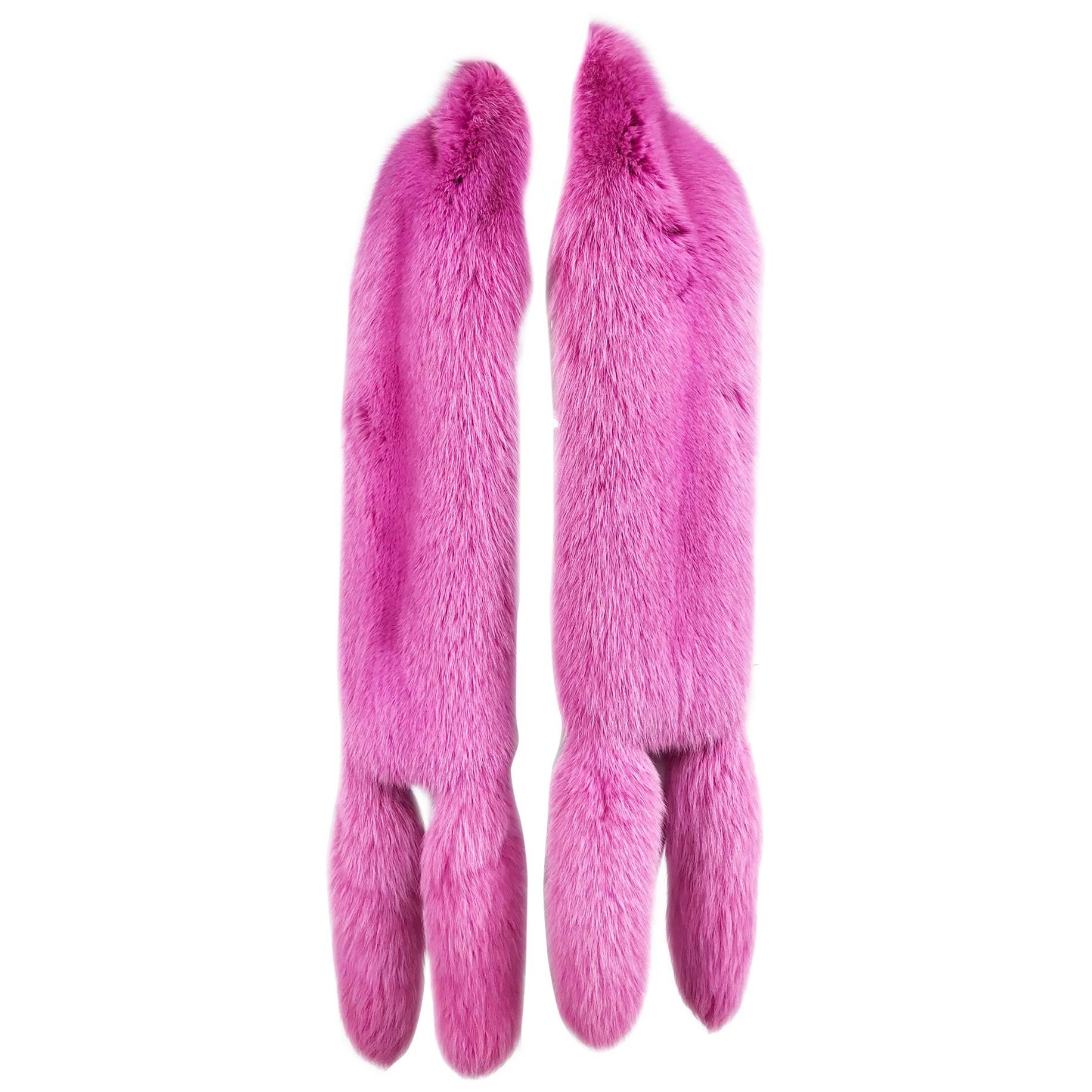 Hot Pink fox fur stole with tails 1980s