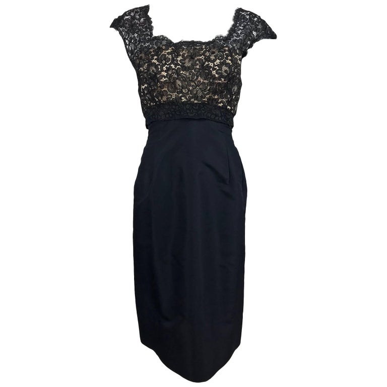 50s Cocktail Dress Black Ivory Silk Portrait Collar main image 1