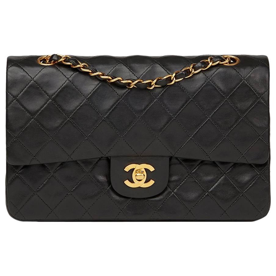 1990s Chanel Black Quilted Lambskin Vintage Medium Classic Double Flap Bag