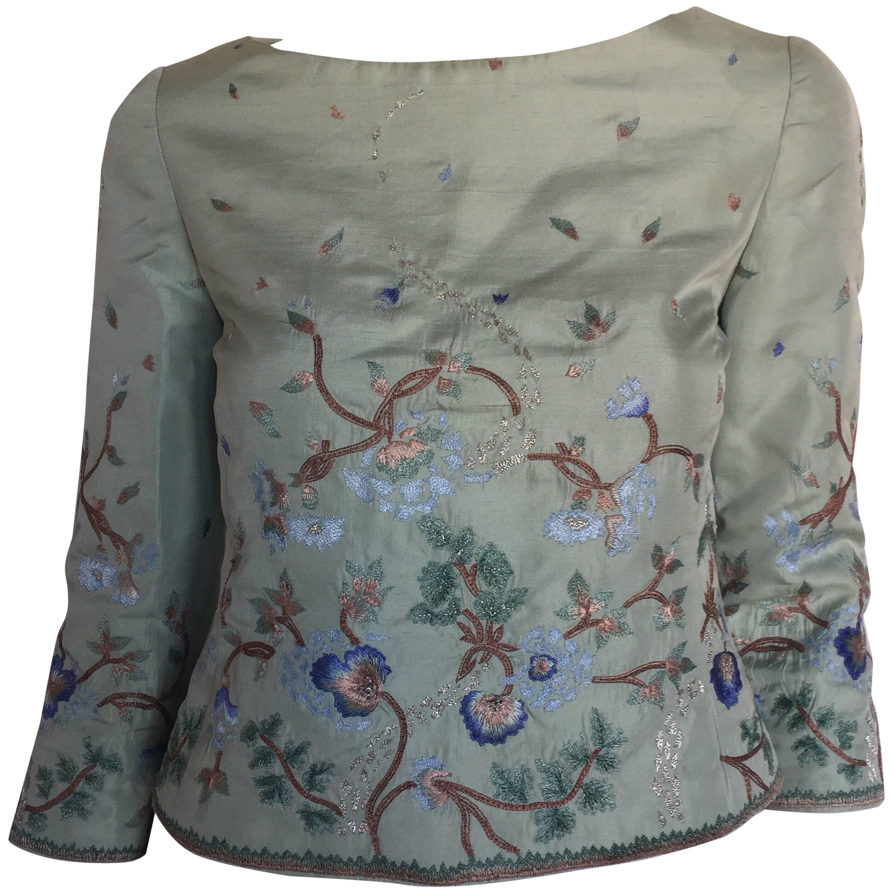 Oscar de la renta embroidered robin egg silk blouse  For Sale