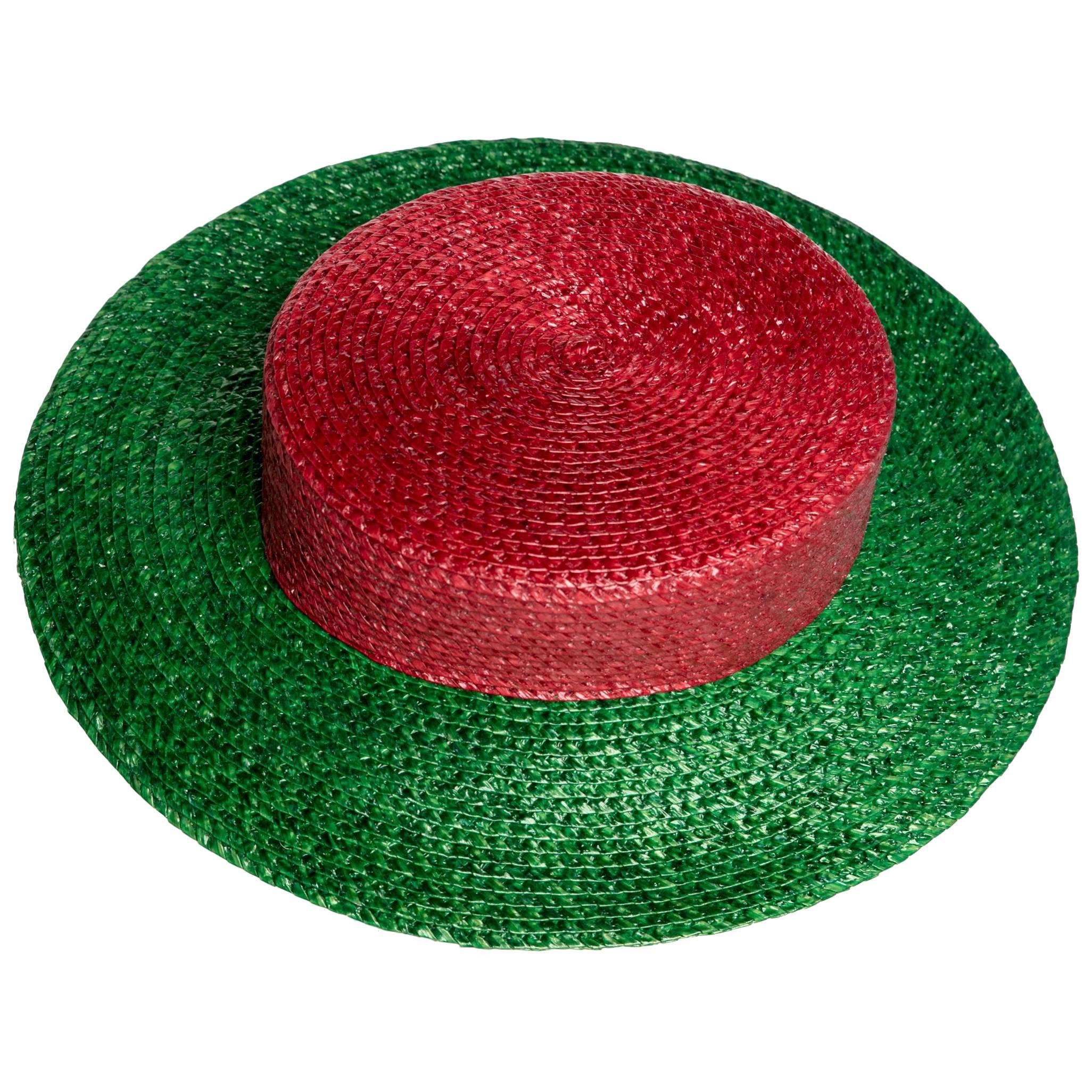 1980s Yves Saint Laurent YSL Vintage Glossy Red and Green Straw Hat 