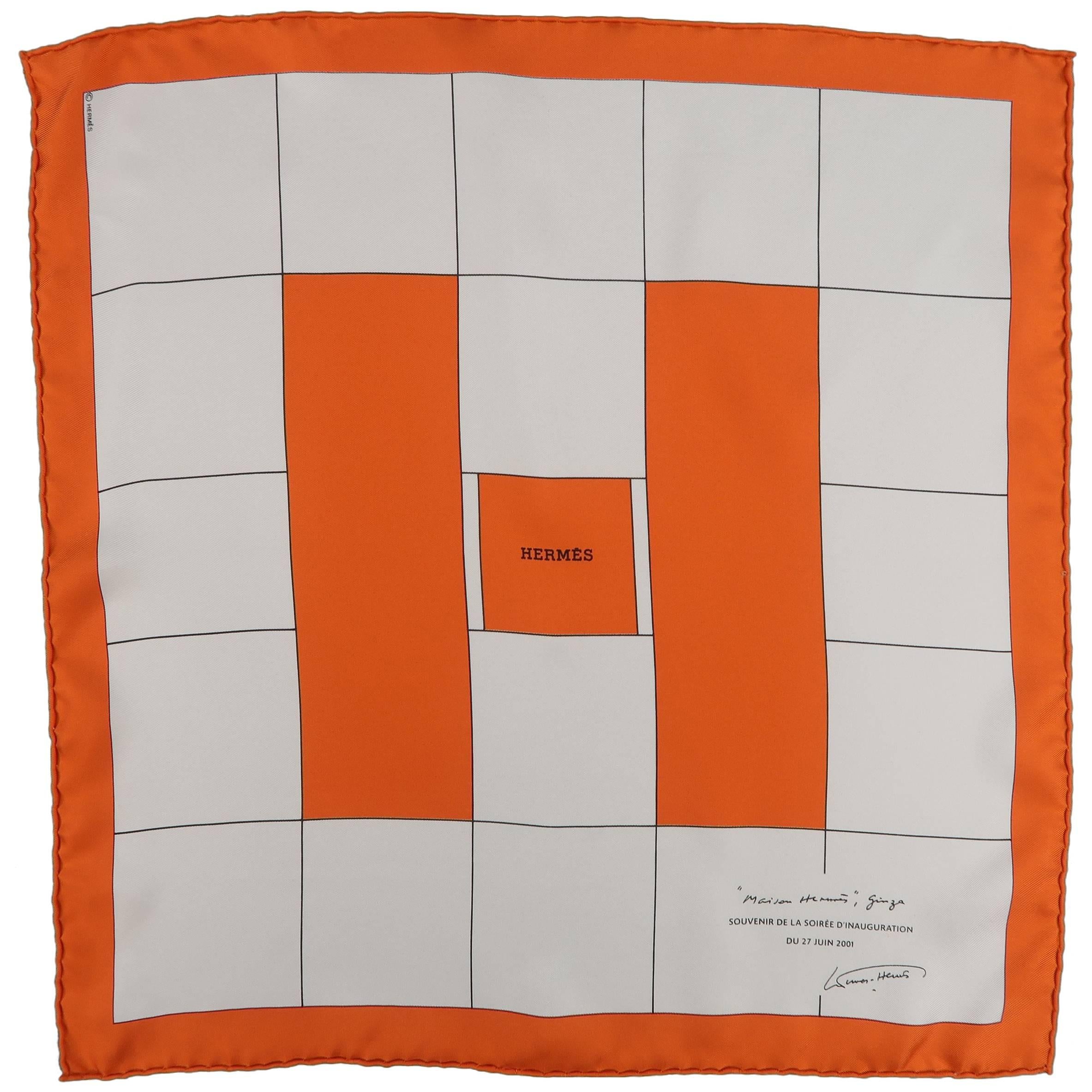 HERMES Orange & Cream H D'Inauguration Juin Silk Pocket Square