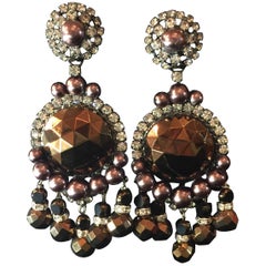 VRBA Chocolate Brown Pearlized  Faceted Copper Huge Drop Clip On Earrings