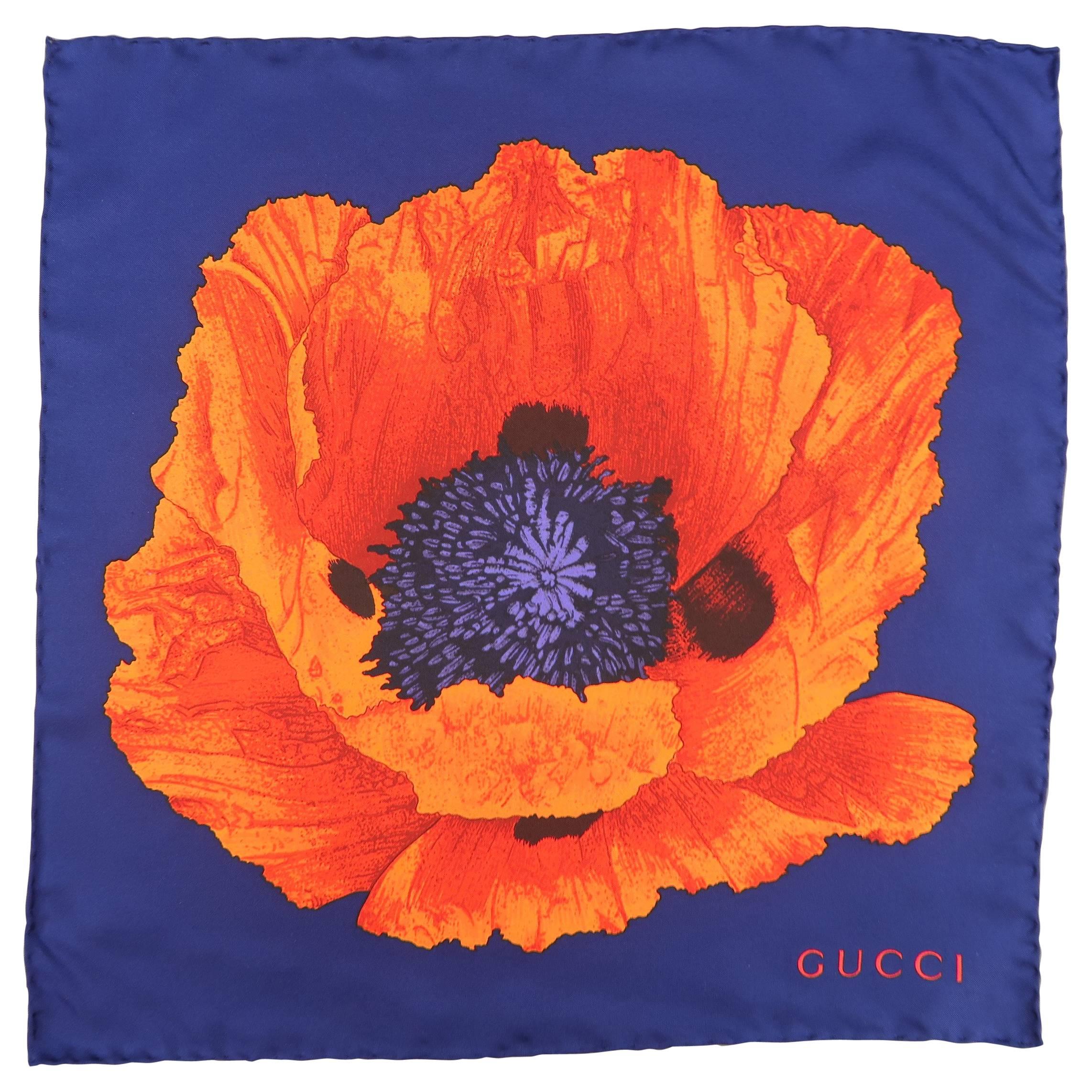 GUCCI Navy & Orange Silk Flower Pocket Square