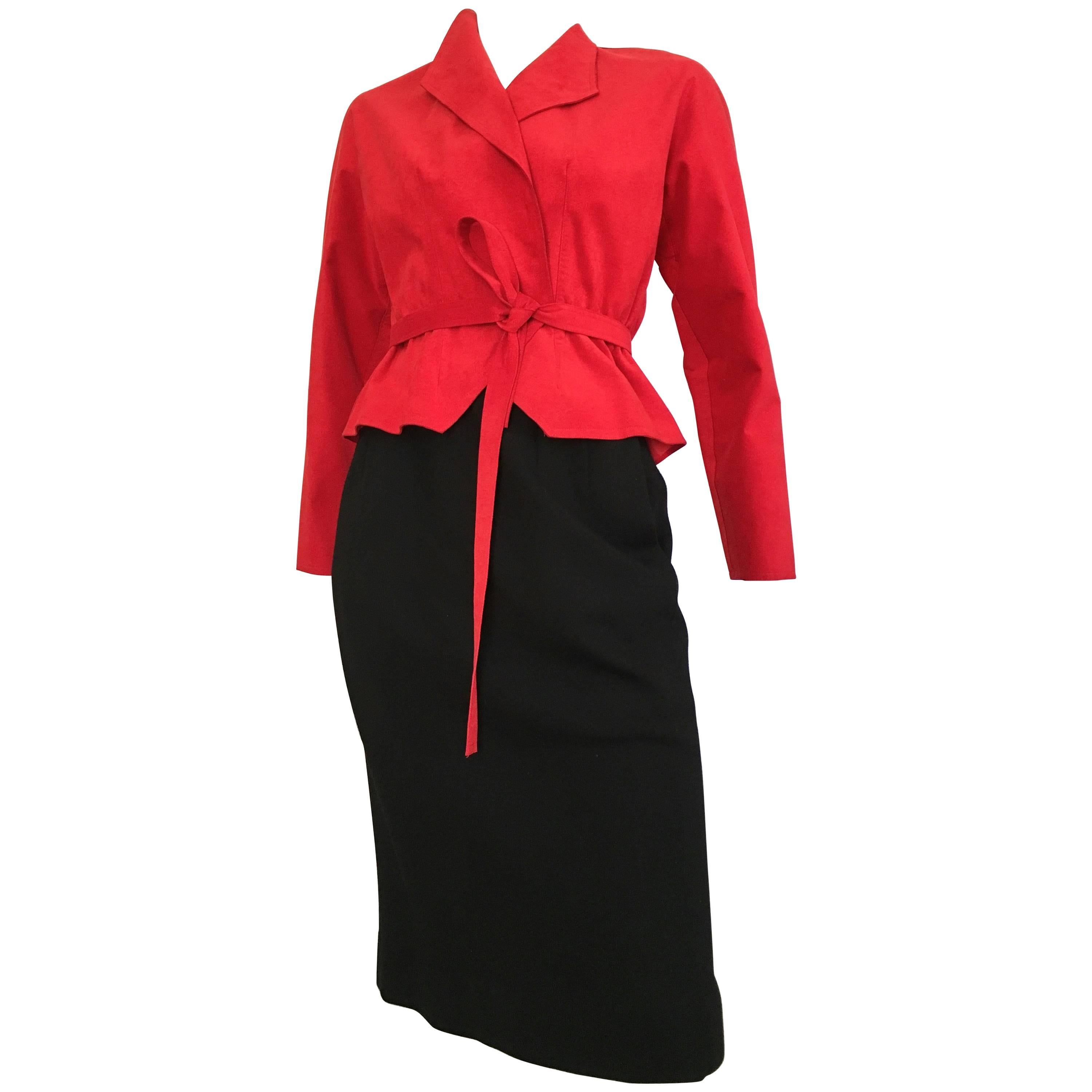 Halston 1970s Red Ultra Suede Peplum Jacket and Black Wool Pencil Skirt Size 4  For Sale