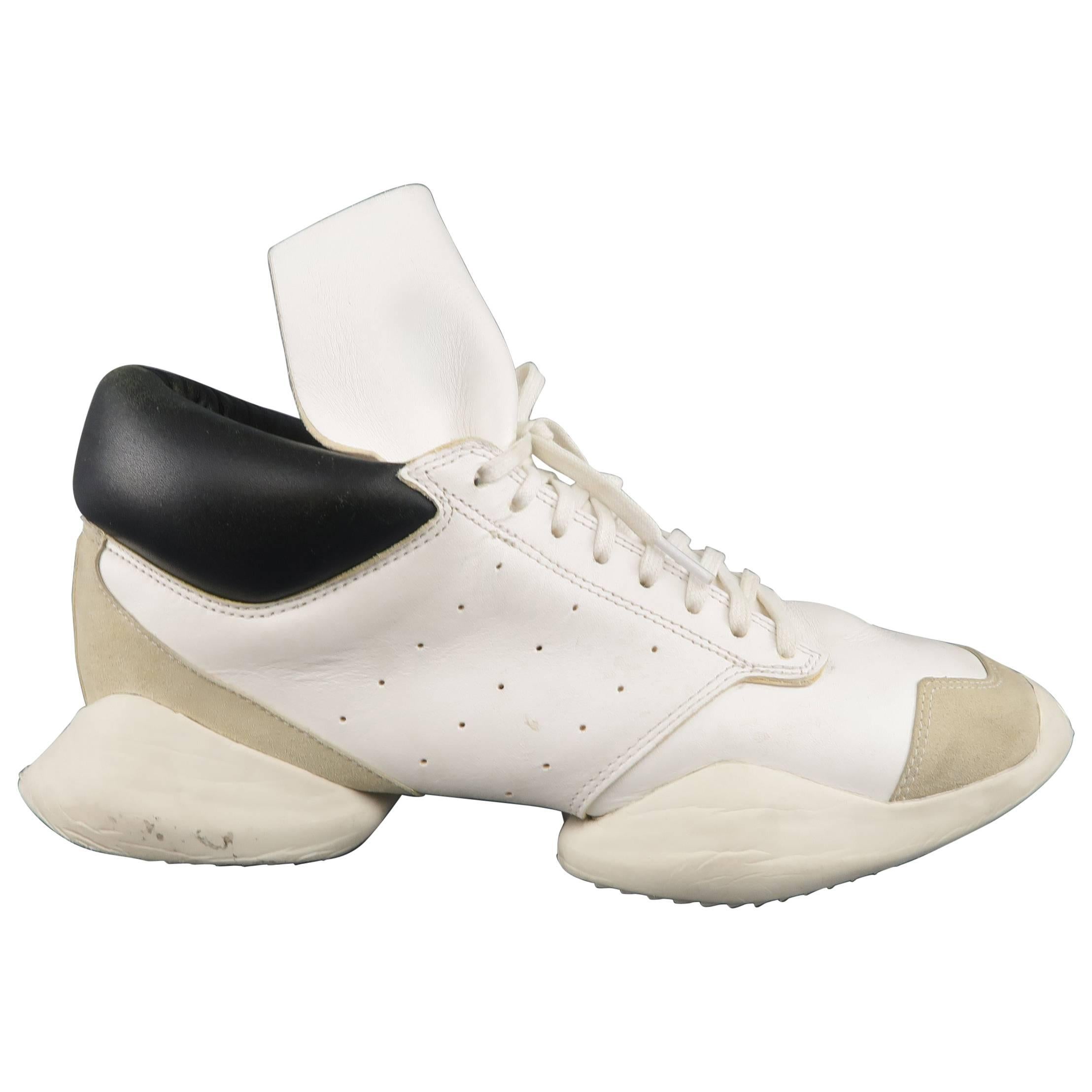 RICK OWENS Adidas Size 10.5 White & Black Leather Split Sole Sneakers