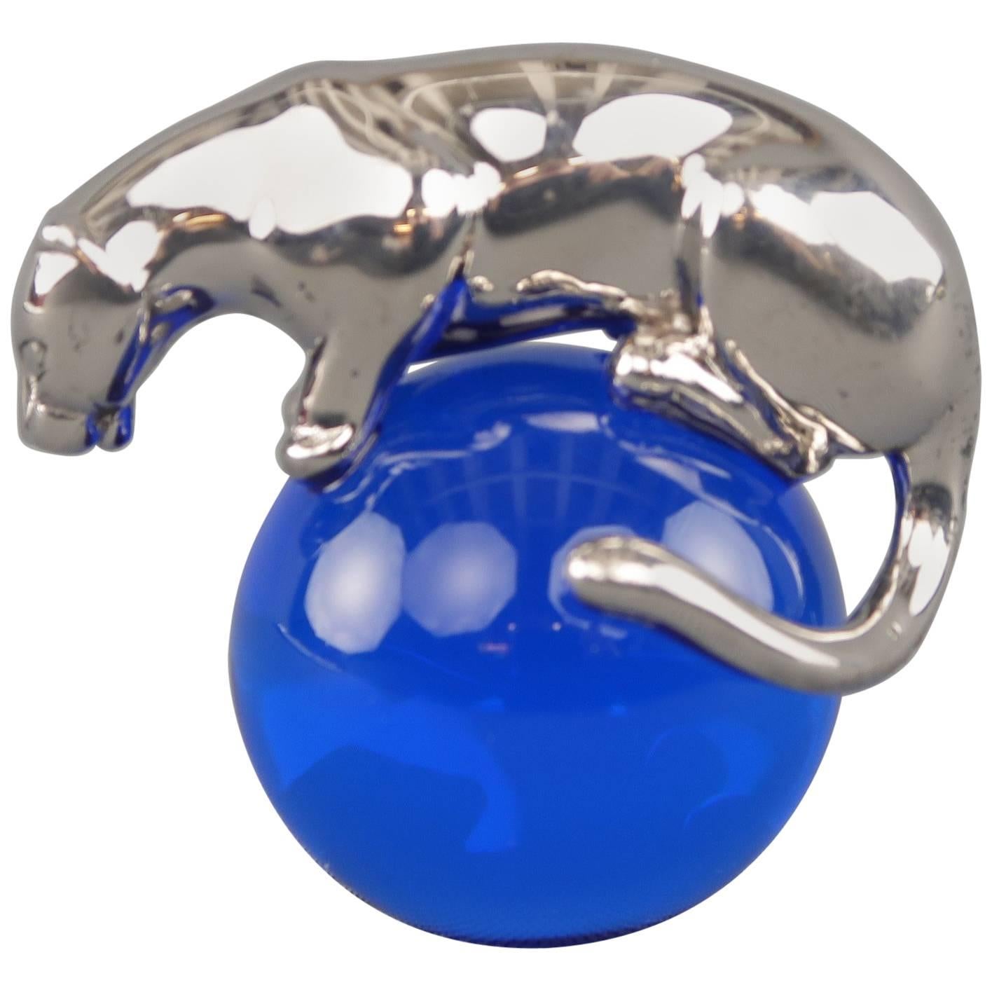 CARTIER Sterling Silver Panthere On Blue Crystal Ball Paperweight