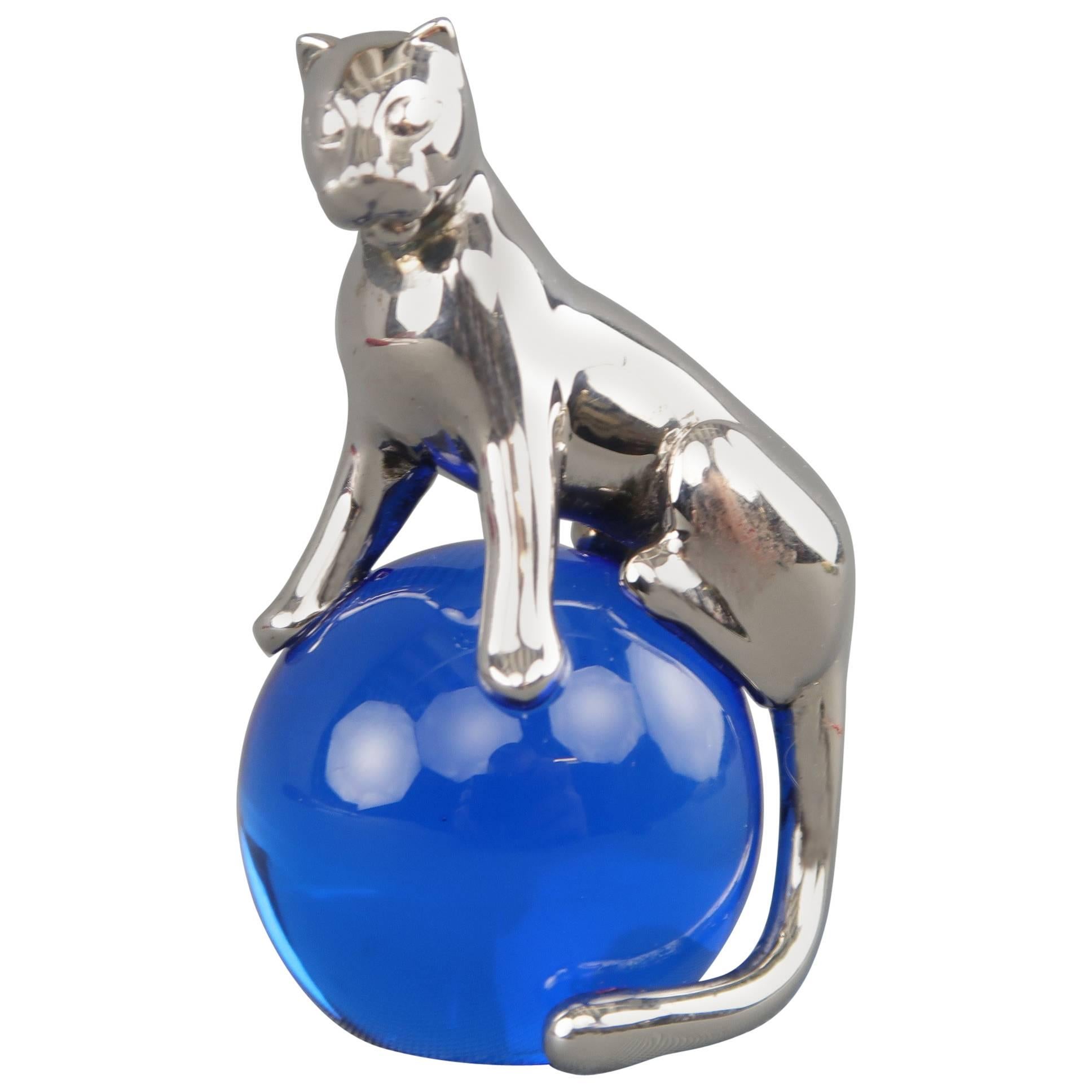 CARTIER Sterling Silver Panthere & Blue Crystal Ball Paperweight