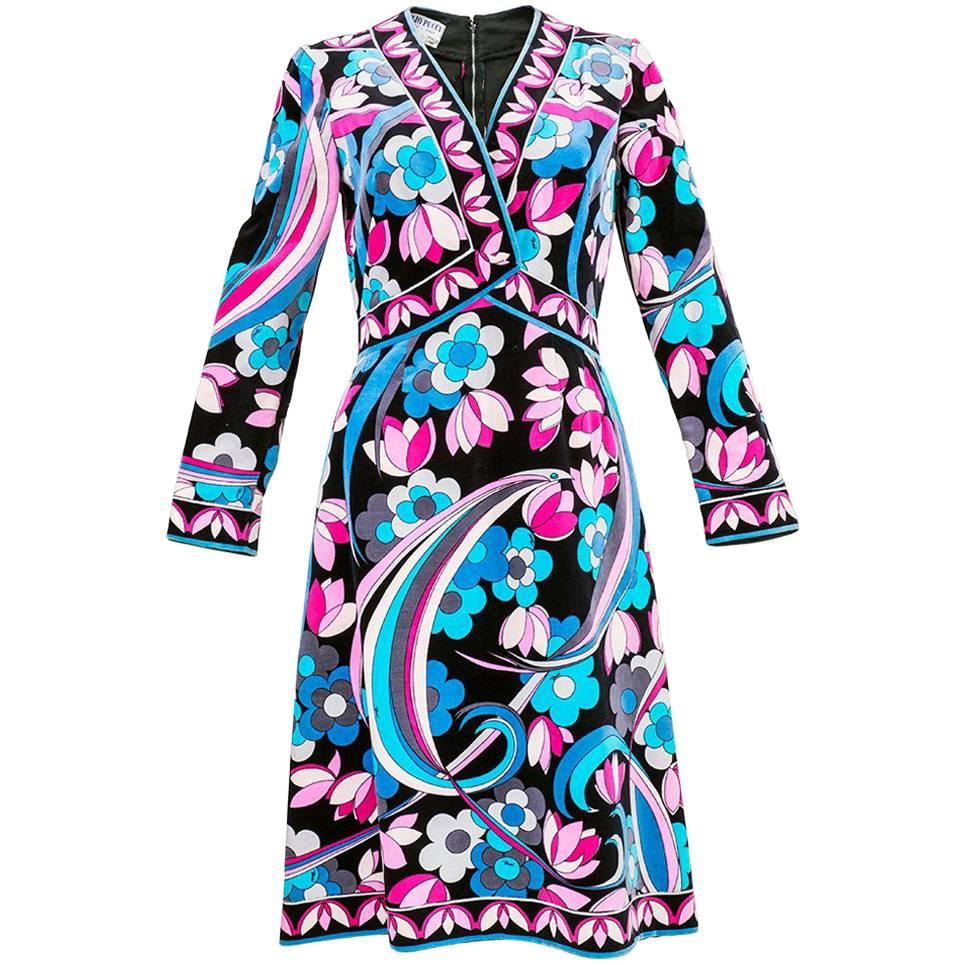 70s Pucci Velveteen Floral Print Dress For Sale
